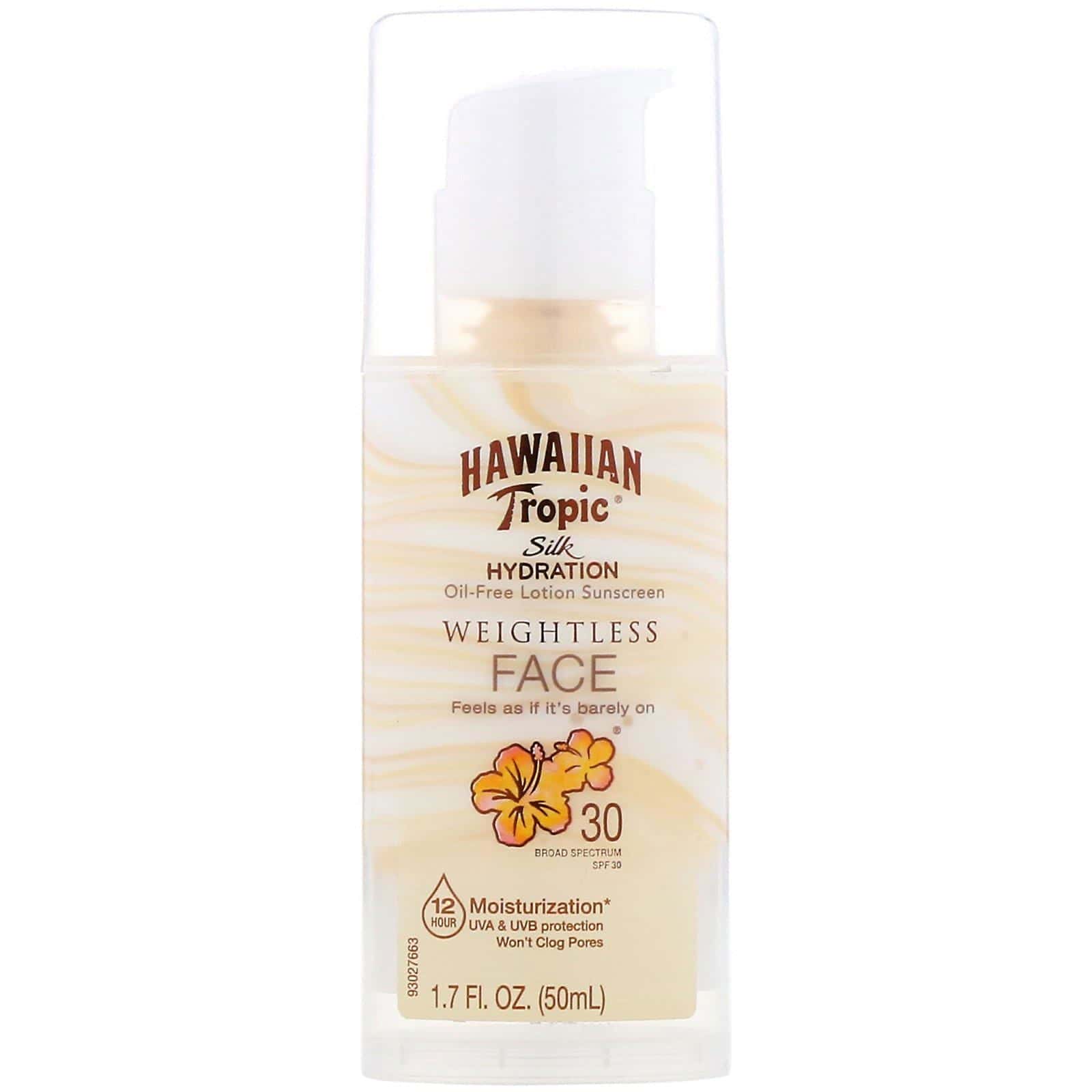 Hawaiian Tropic, Silk Hydration, Loción bronceadora con protector solar liviano para el rostro, Sin aceite, FPS 30, 50 ml, (1,7 oz)