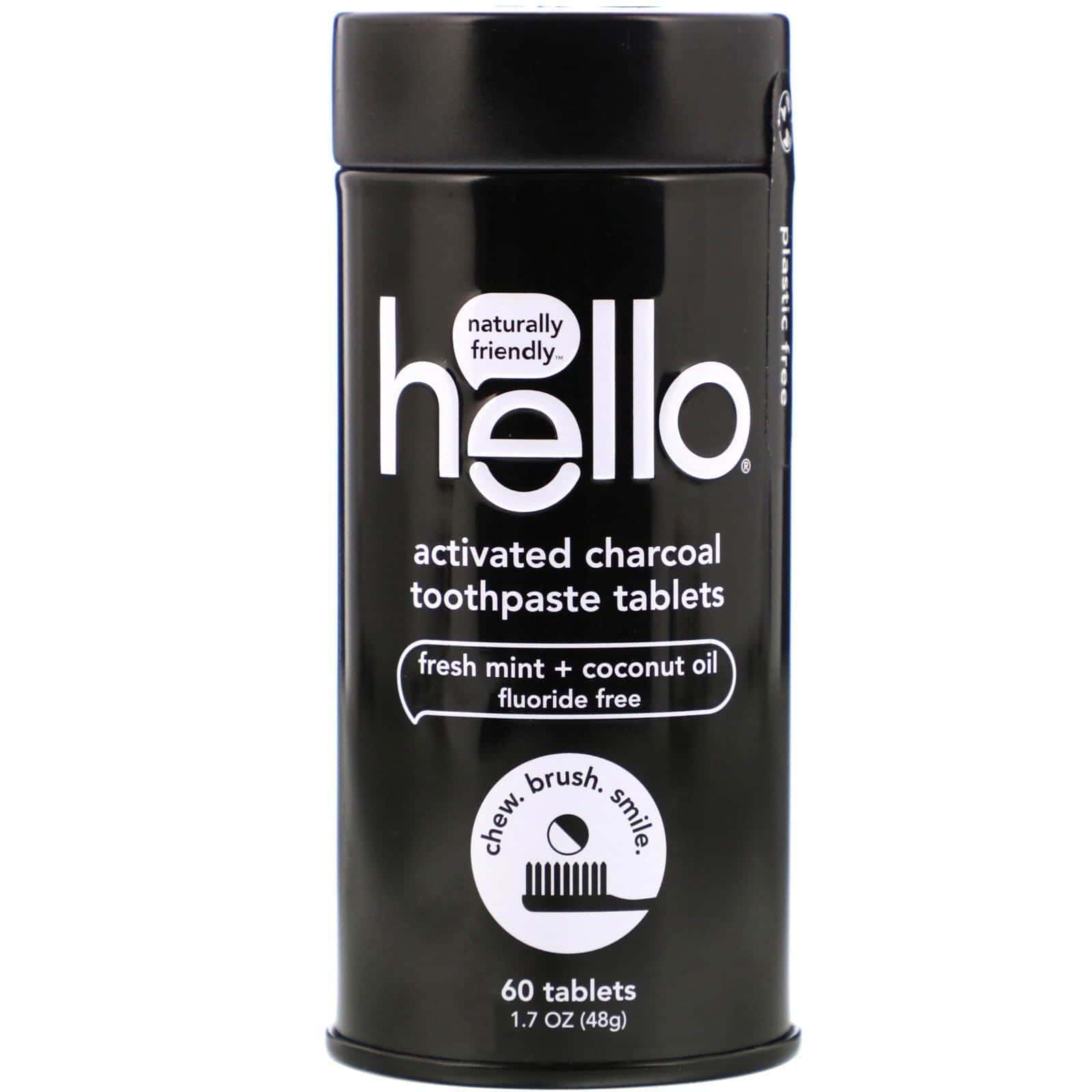 Hello, Comprimidos de pasta dental de carbón vegetal activado, Menta fresca y aceite de coco, 60 comprimidos