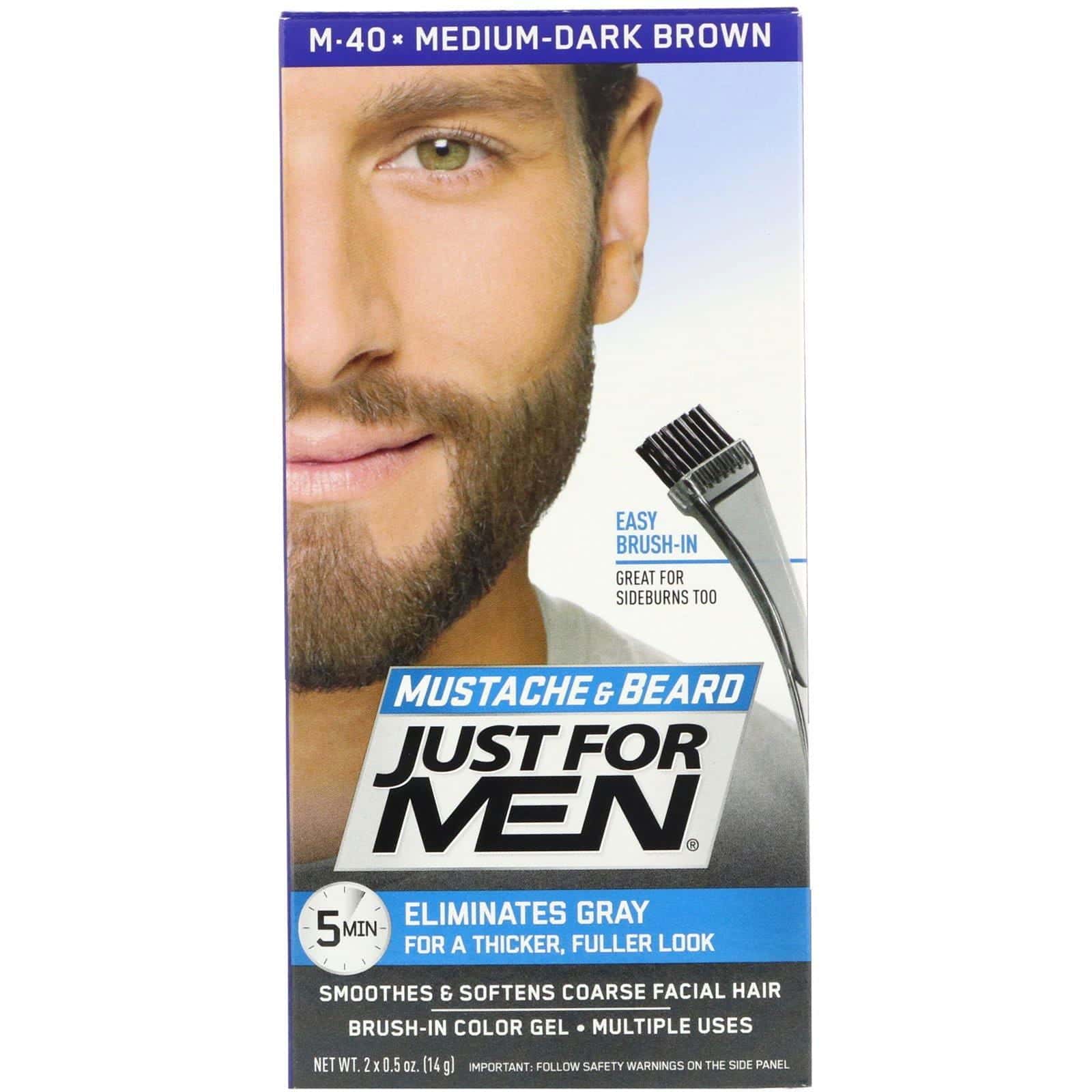 Just for Men, Colorante en gel con cepillo aplicador para la barba y el bigote, Marrón medio a oscuro medio M-40, 2 x 14 g (0,5 oz)