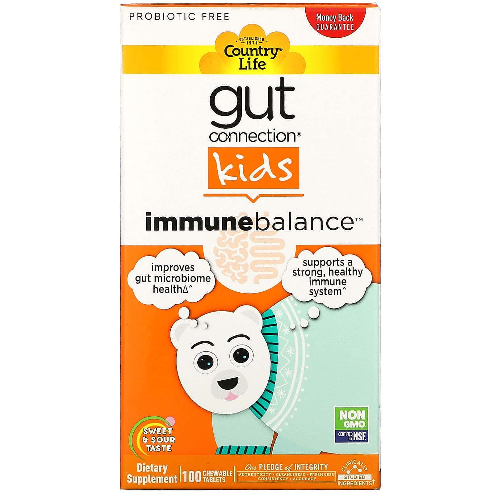 Country Life, Gut Connection para niños, Immune Balance, Sabor agridulce, 100 comprimidos masticables