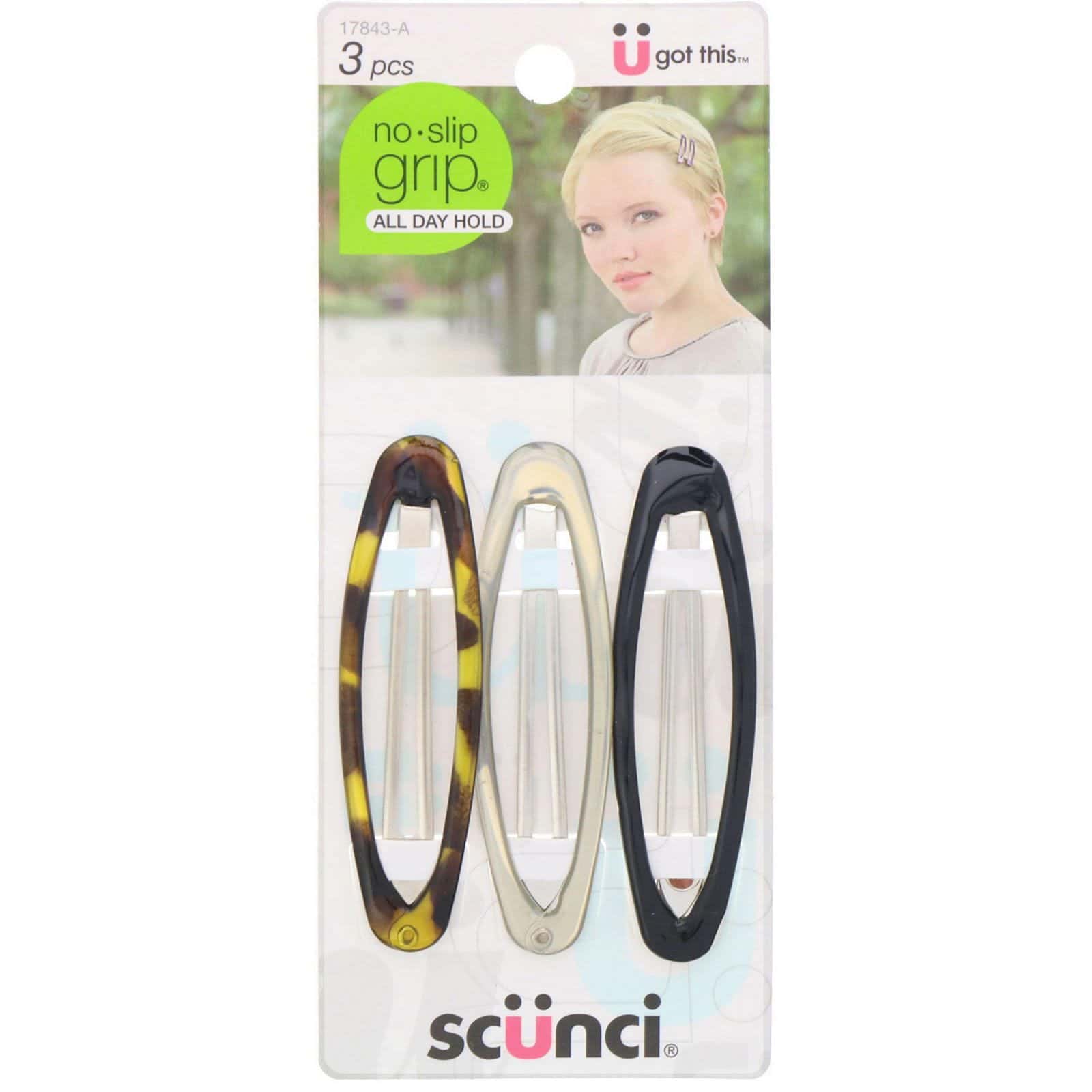 Scunci, No Slip Grip, Broche ovalado, antideslizante, con una sujeción para todo el día, varios colores, 3 unidades