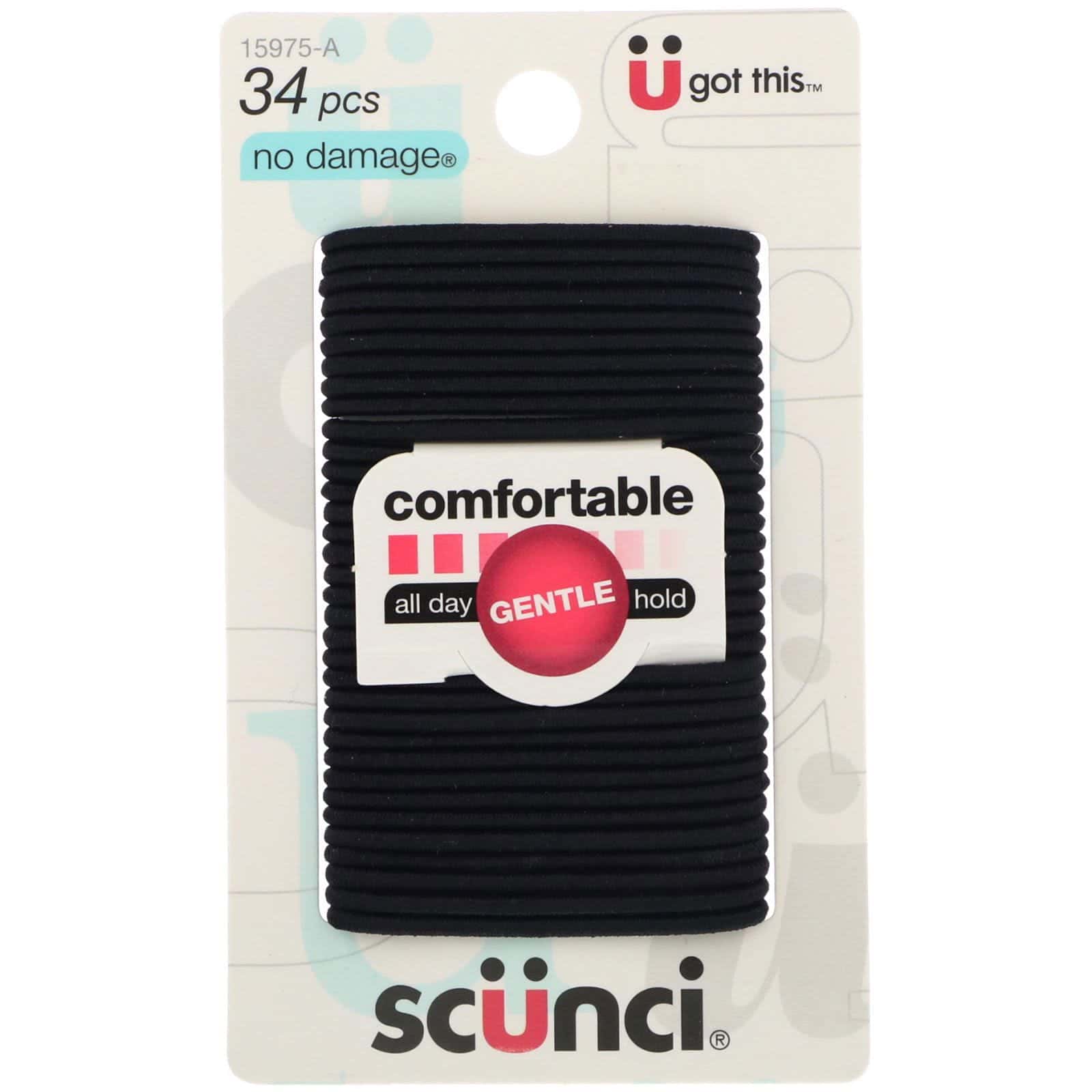 Scunci, No Damage, Ligas elásticas que no dañan el cabello, cómodas, con una sujeción suave para todo el día, color negro, 34 unidades