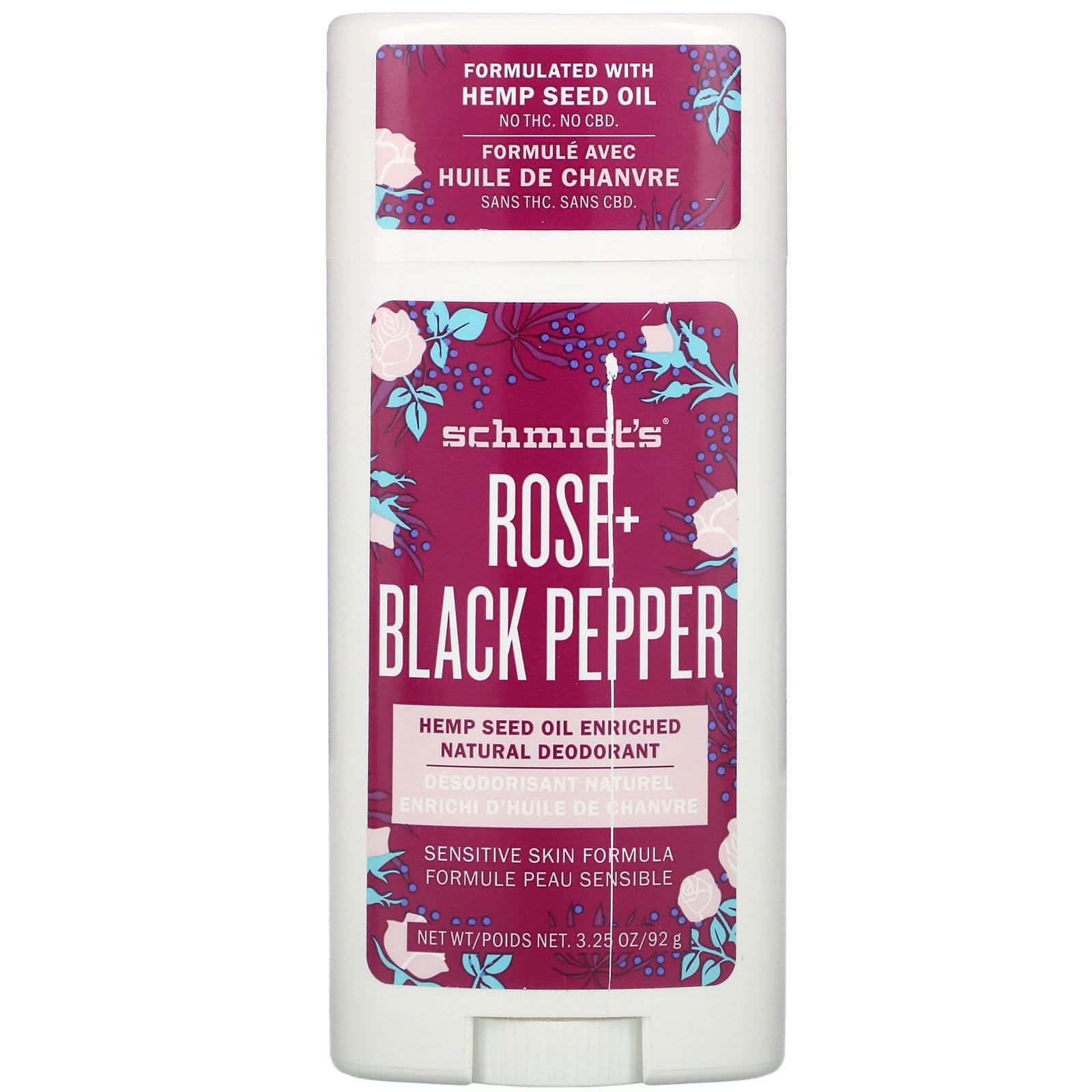 Schmidt's, Natural Deodorant, Sensitive Skin Formula, Rose + Black Pepper, 3.25 oz (92 g)