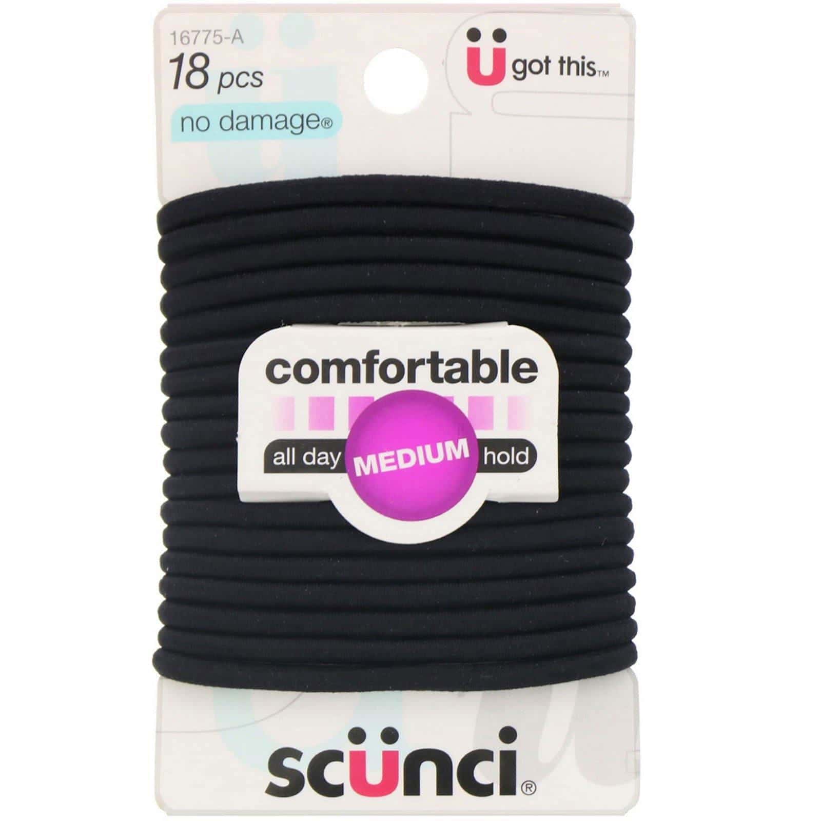 Scunci, No Damage, Ligas elásticas que no dañan el cabello, cómodas, con una sujeción media para todo el día, color negro, 18 unidades
