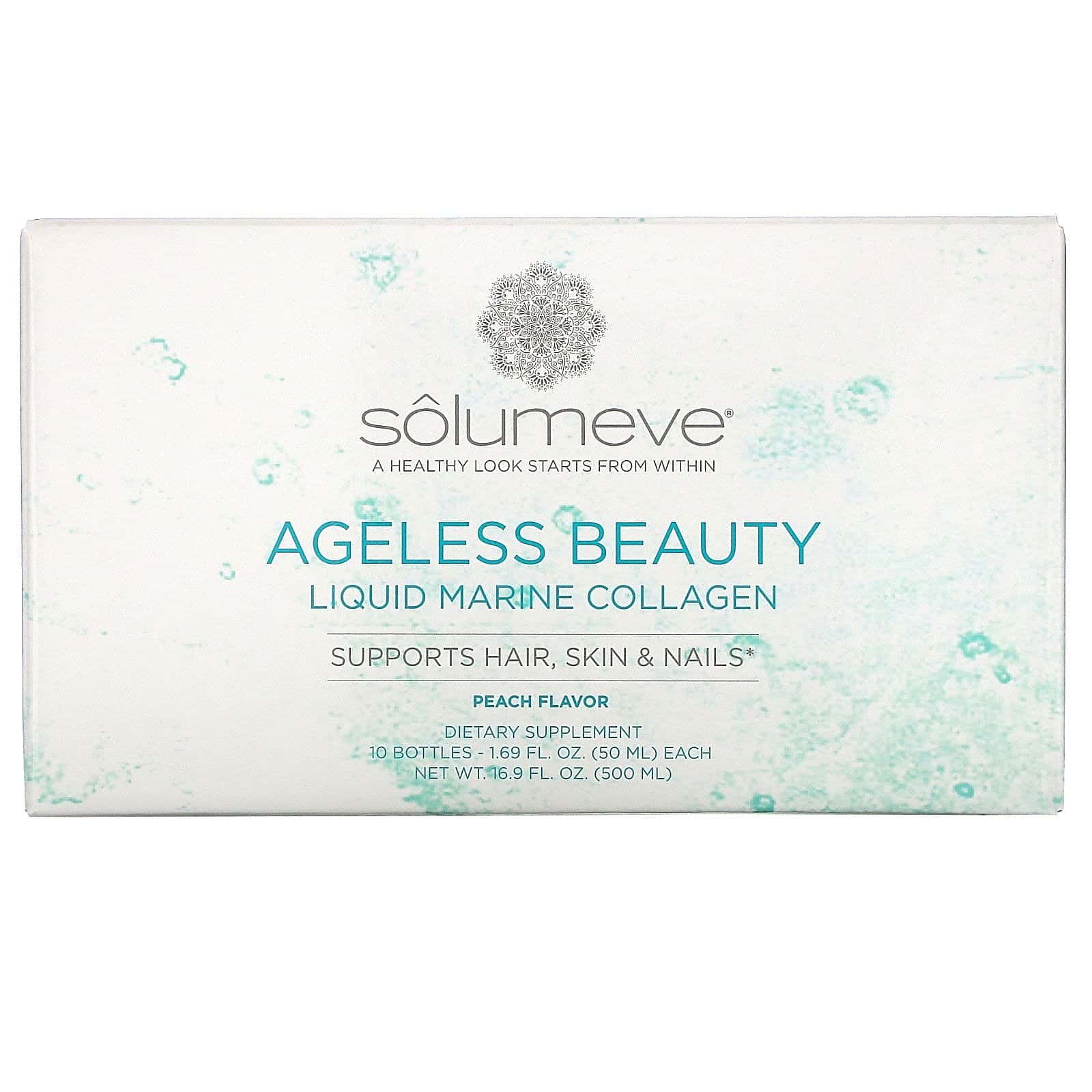 Solumeve, Belleza sin edad, Colágeno marino líquido, Sabor a melocotón, 10 frascos, 50 ml (1,69 oz. líq.) cada uno