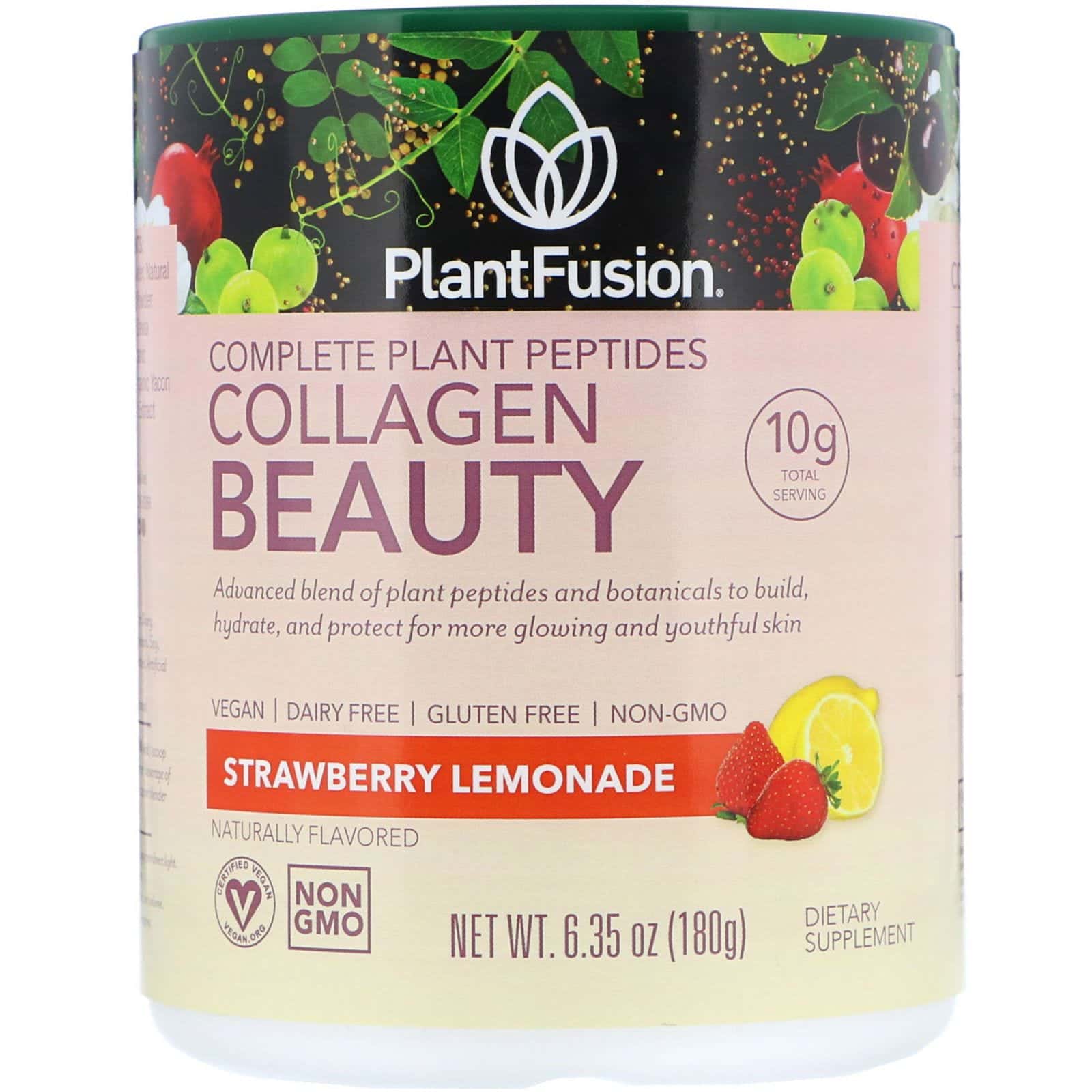 PlantFusion, Péptidos completos de origen vegetal, colágeno para la belleza, limonada de fresa, 180 g (6,35 oz)