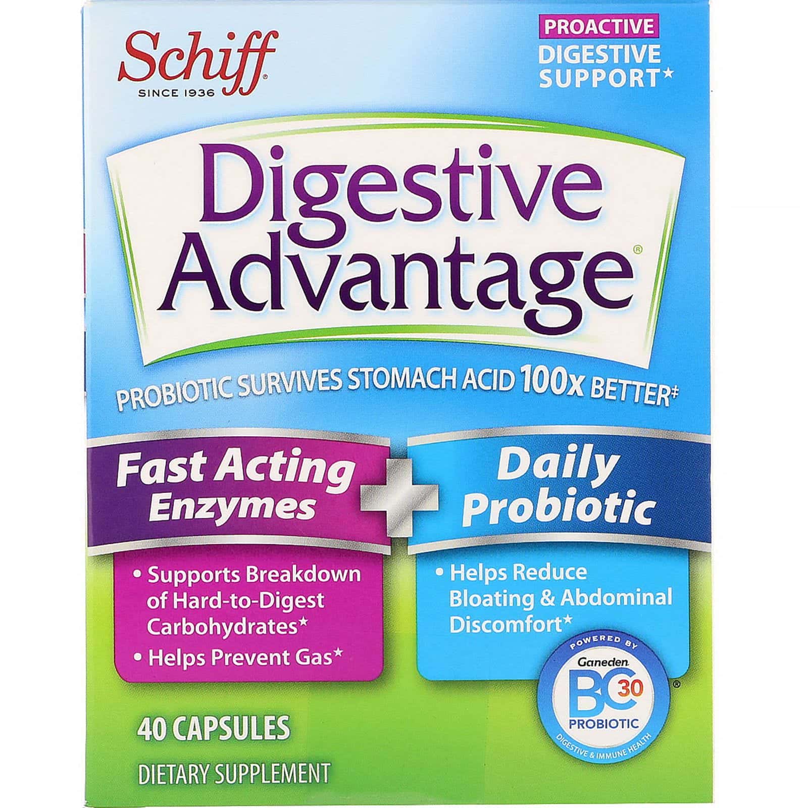 Schiff, Digestive Advantage, enzimas de rápida acción + probiótico diario, 40 cápsulas