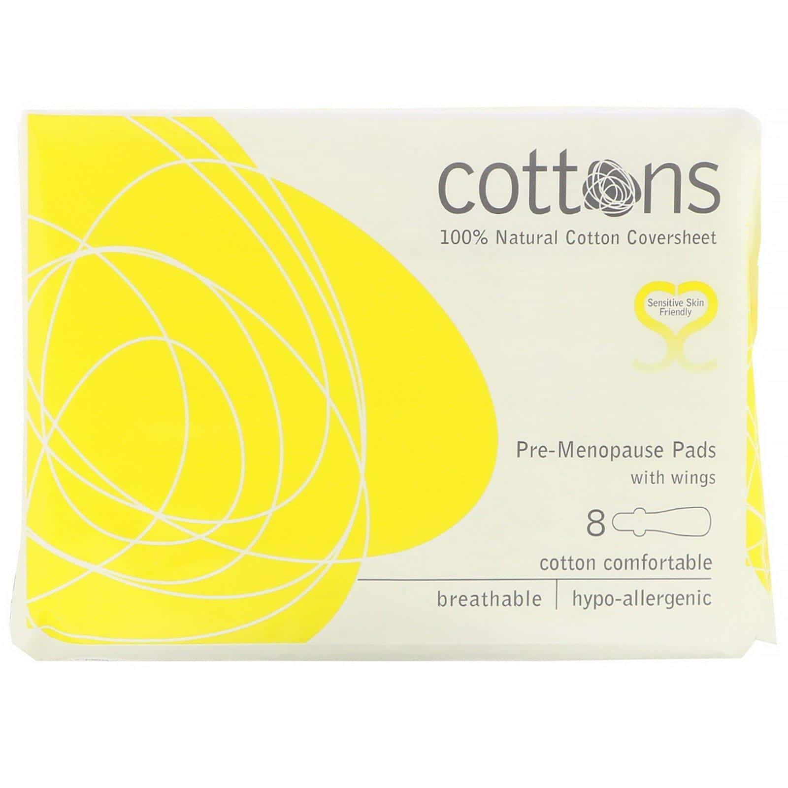 Cottons, Lámina de algodón 100 % natural, Toallitas femeninas con alas para la premenopausia, 8 toallitas