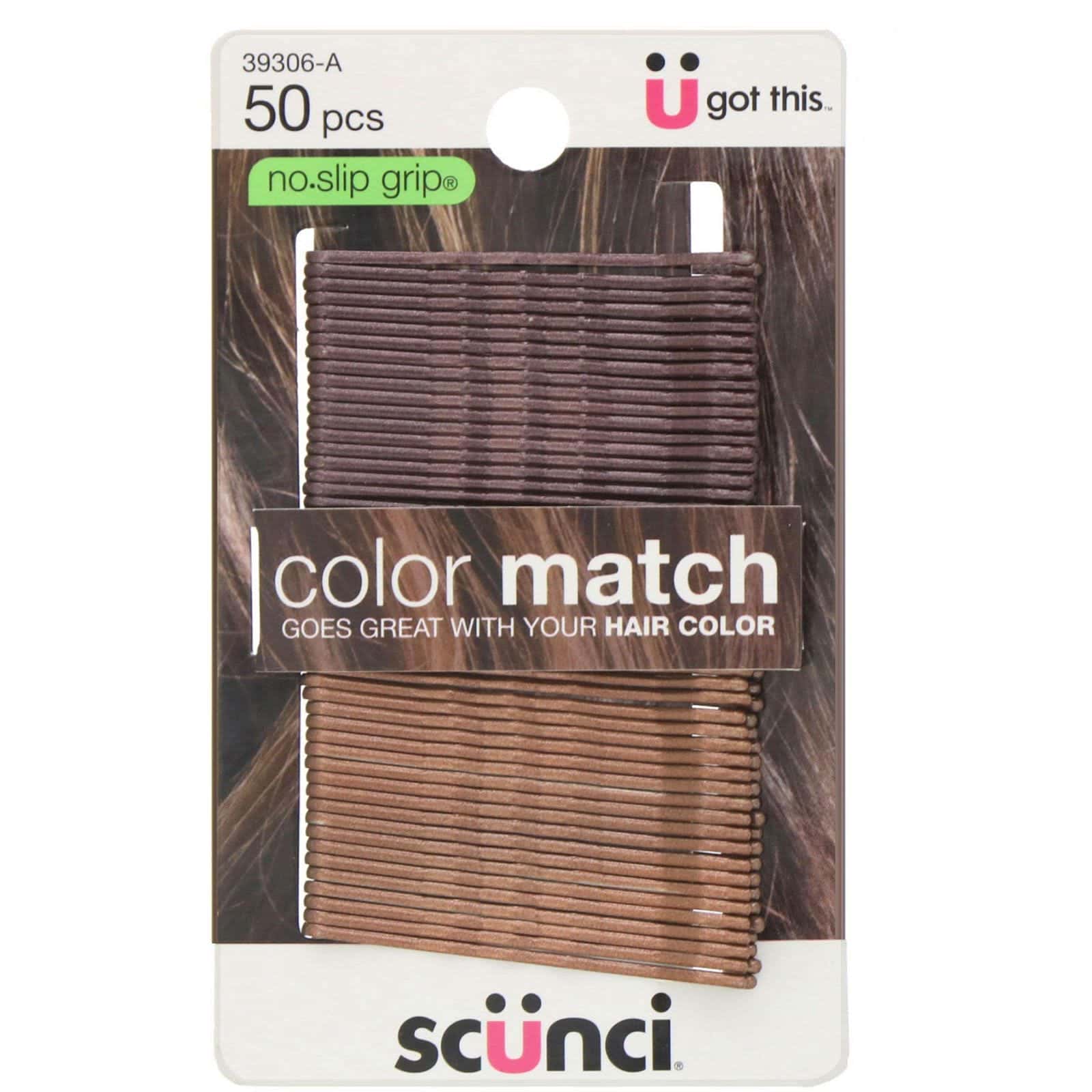 Scunci, No Slip Grip, Pasadores antideslizantes que combinan con el color de cabello, color castaño, 50 unidades