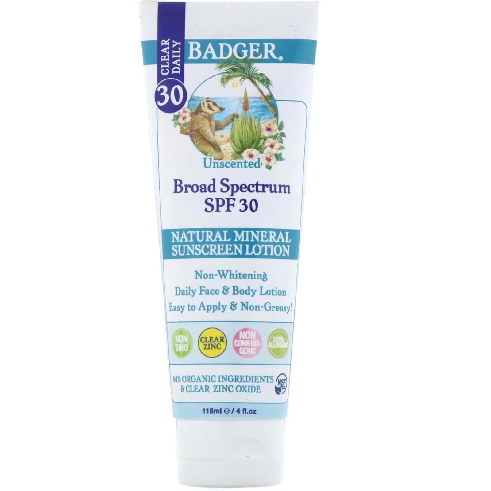 Badger Company, Clear Daily, pantalla solar mineral natural en loción, zinc limpio, SPF 30, sin aroma, 4 oz líq.(118 ml)