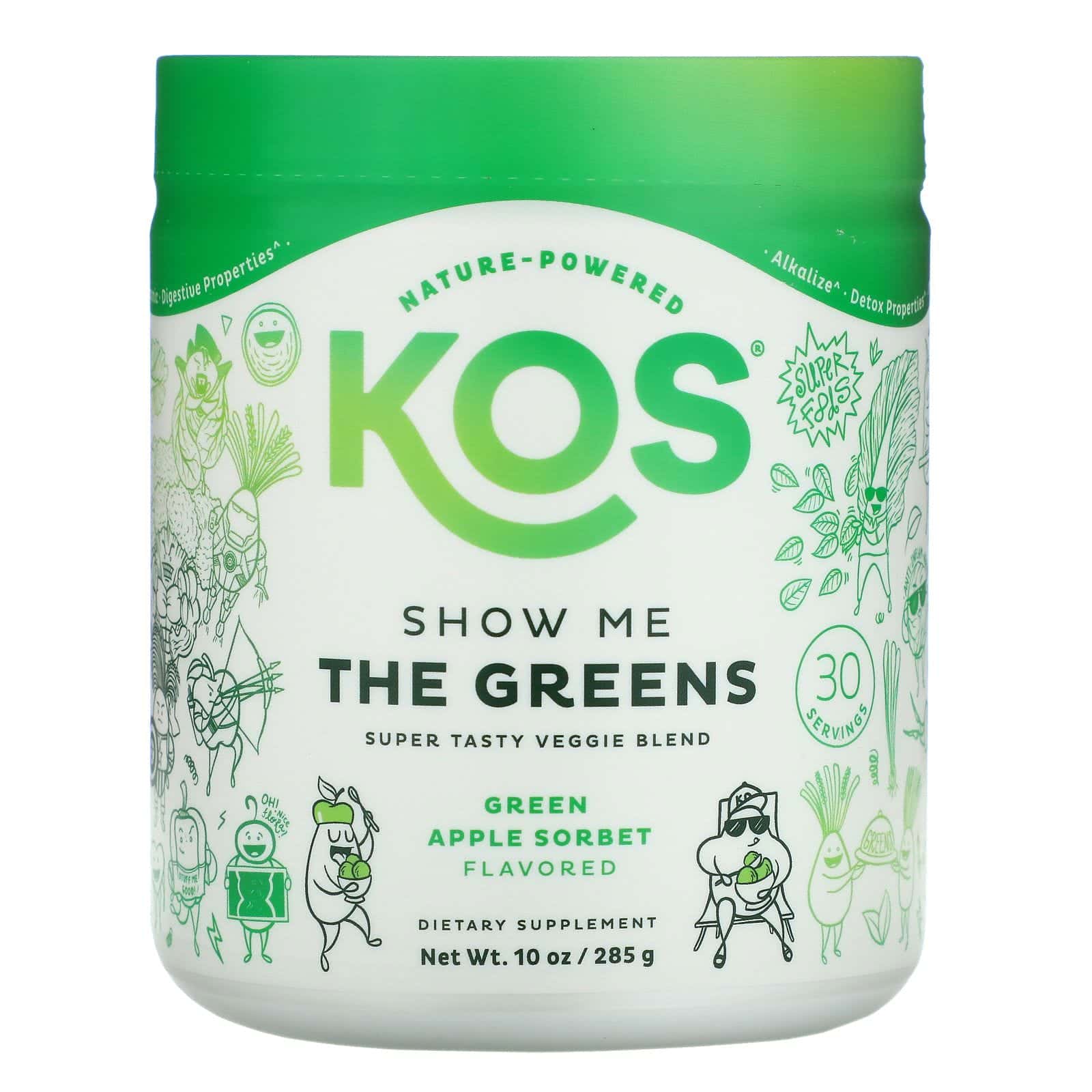 KOS, Muéstreme los verdes, Mezcla deliciosa de vegetales, Sabor a sorbete de manzana verde, 285 g (10 oz)
