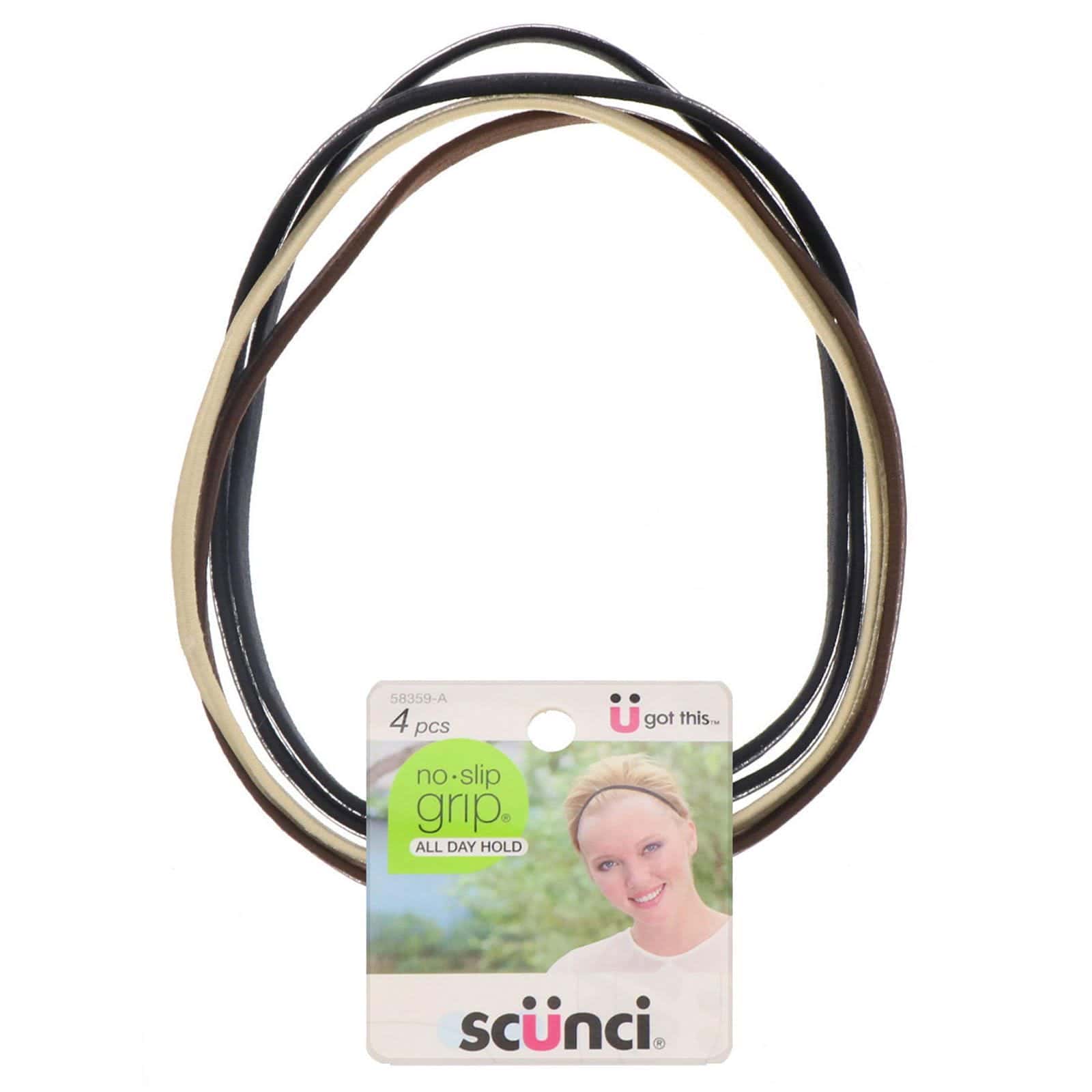 Scunci, No Slip Grip, Bandas elásticas planas, antideslizantes, con una sujeción para todo el día, color neutro, 4 unidades