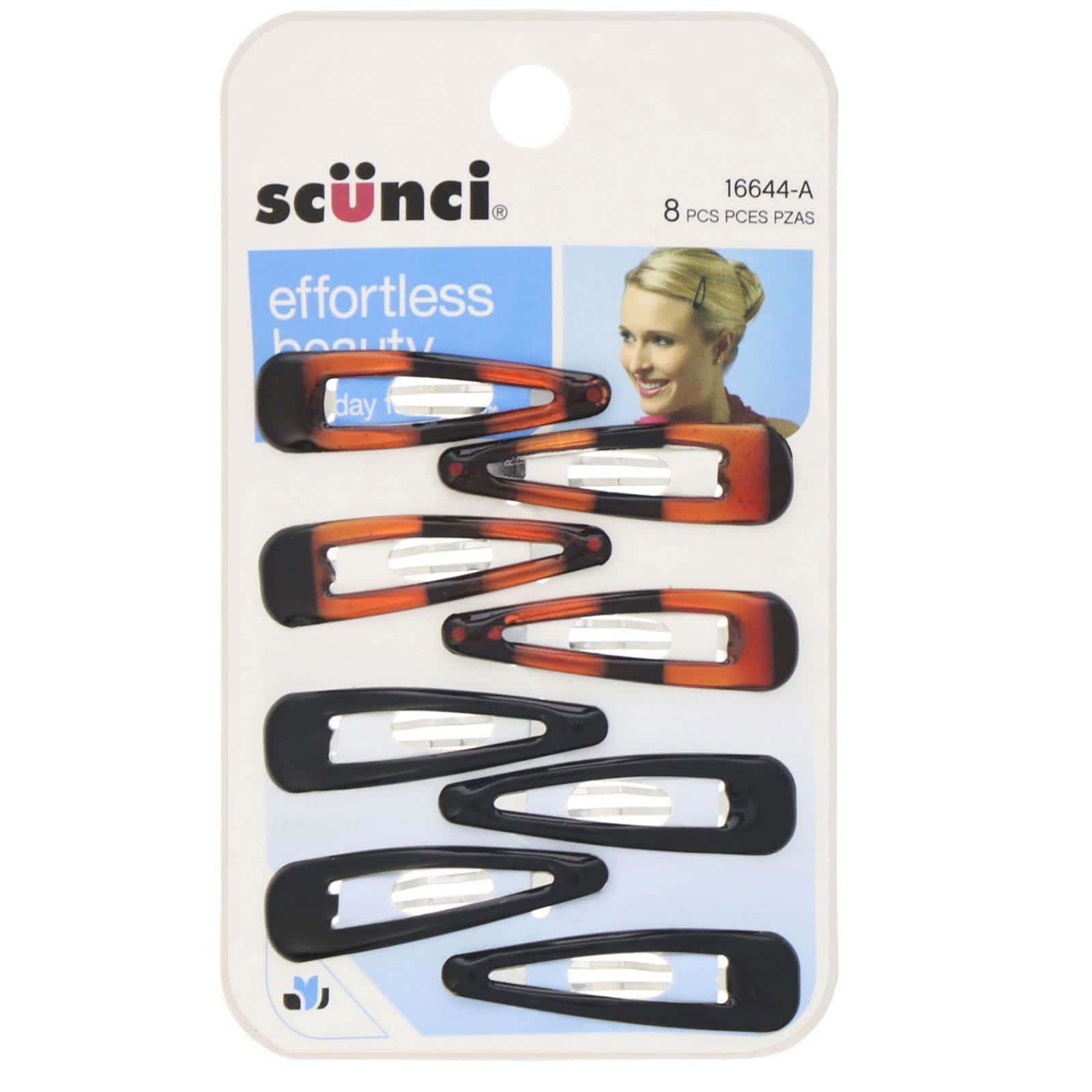 Scunci, Effortless Beauty, Clips a presión para el cabello, color negro y marrón, 8 unidades