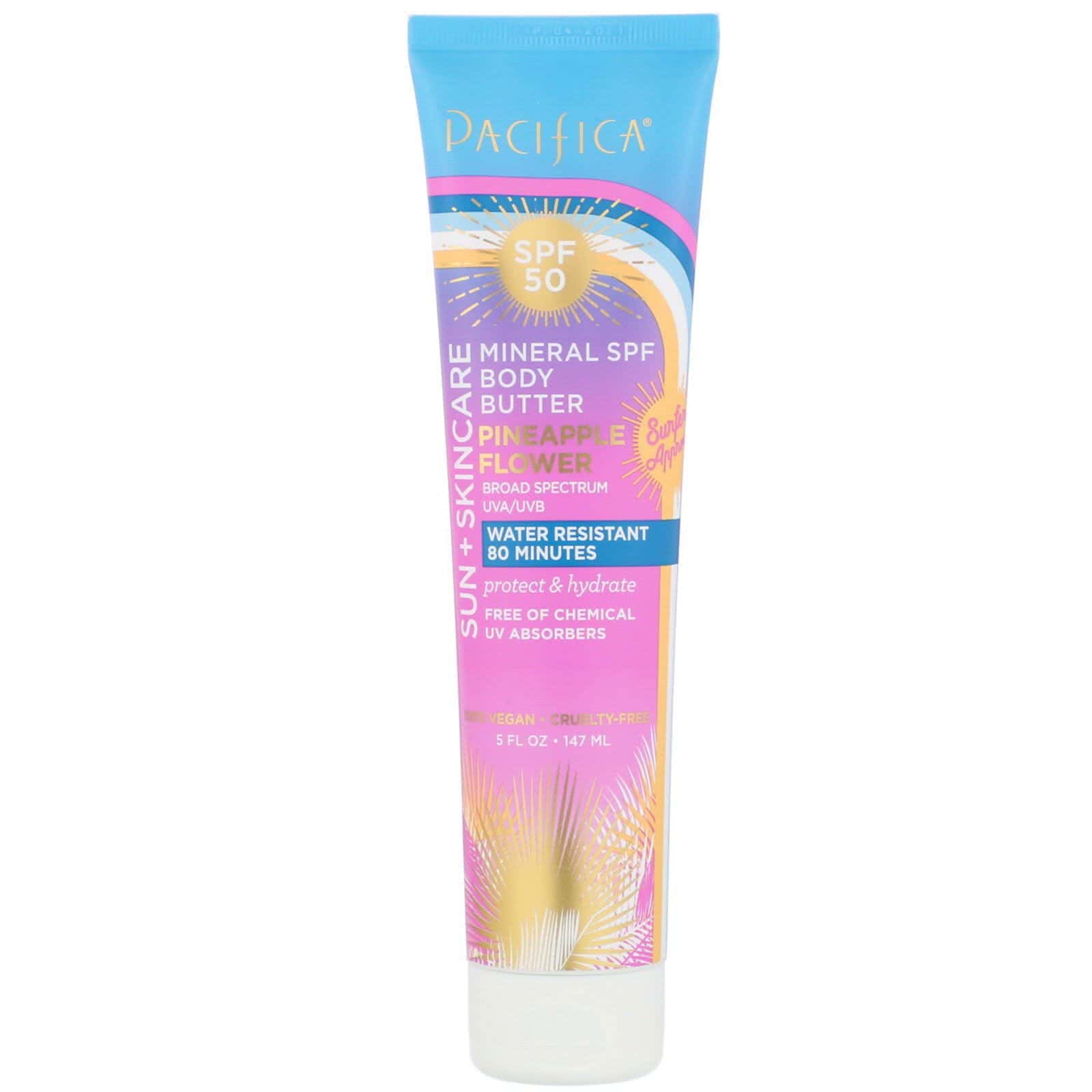 Pacifica, Protección solar y cuidado de la piel, Manteca corporal mineral con FPS, FPS 50, Flor de piña, 147 ml (5 oz. líq.)