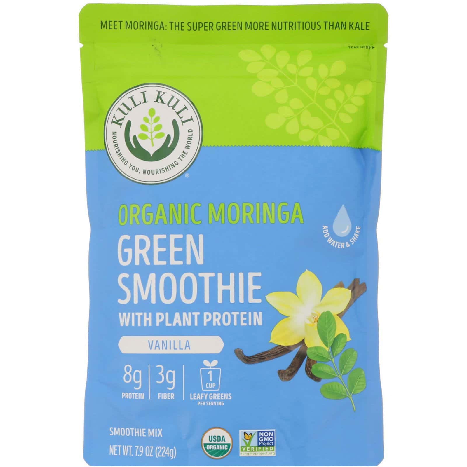Kuli Kuli, Batido verde de moringa orgánica con proteína vegetal, vainilla, 224 g (7,9 oz)