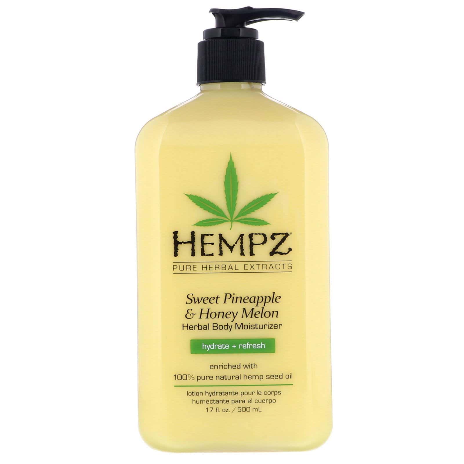 Hempz, Humectante corporal a base de hierbas, Piña dulce y melón verde, Hidratación y sensación refrescante, 500 ml (17 oz. líq.)