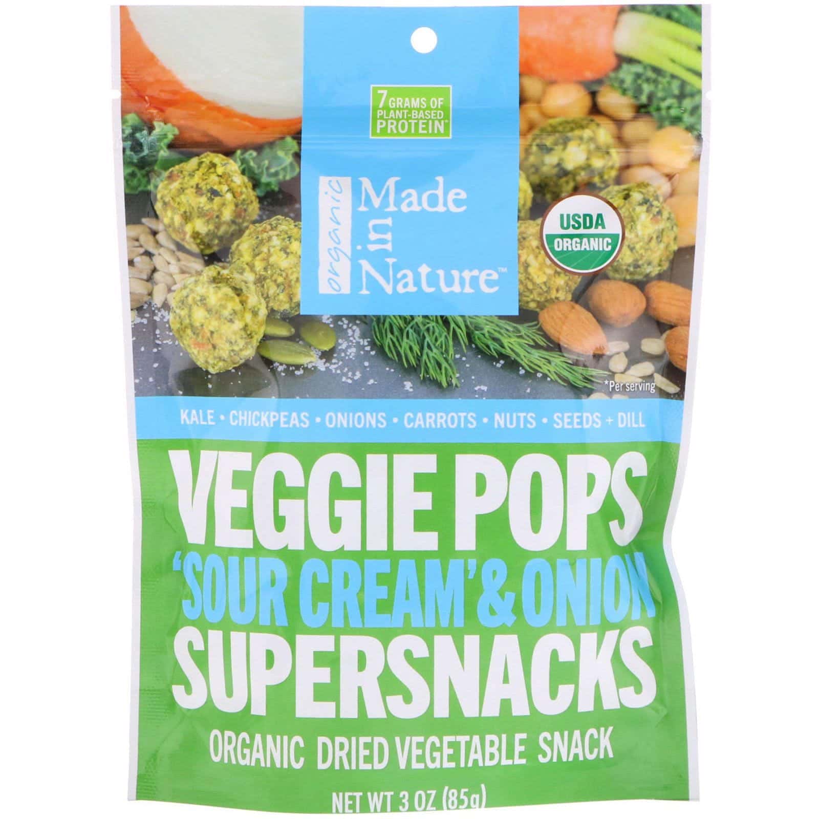 Made in Nature, Paletas de verduras orgánicas, superaperitivos de "crema agria" y cebolla, 3 oz (85 g)