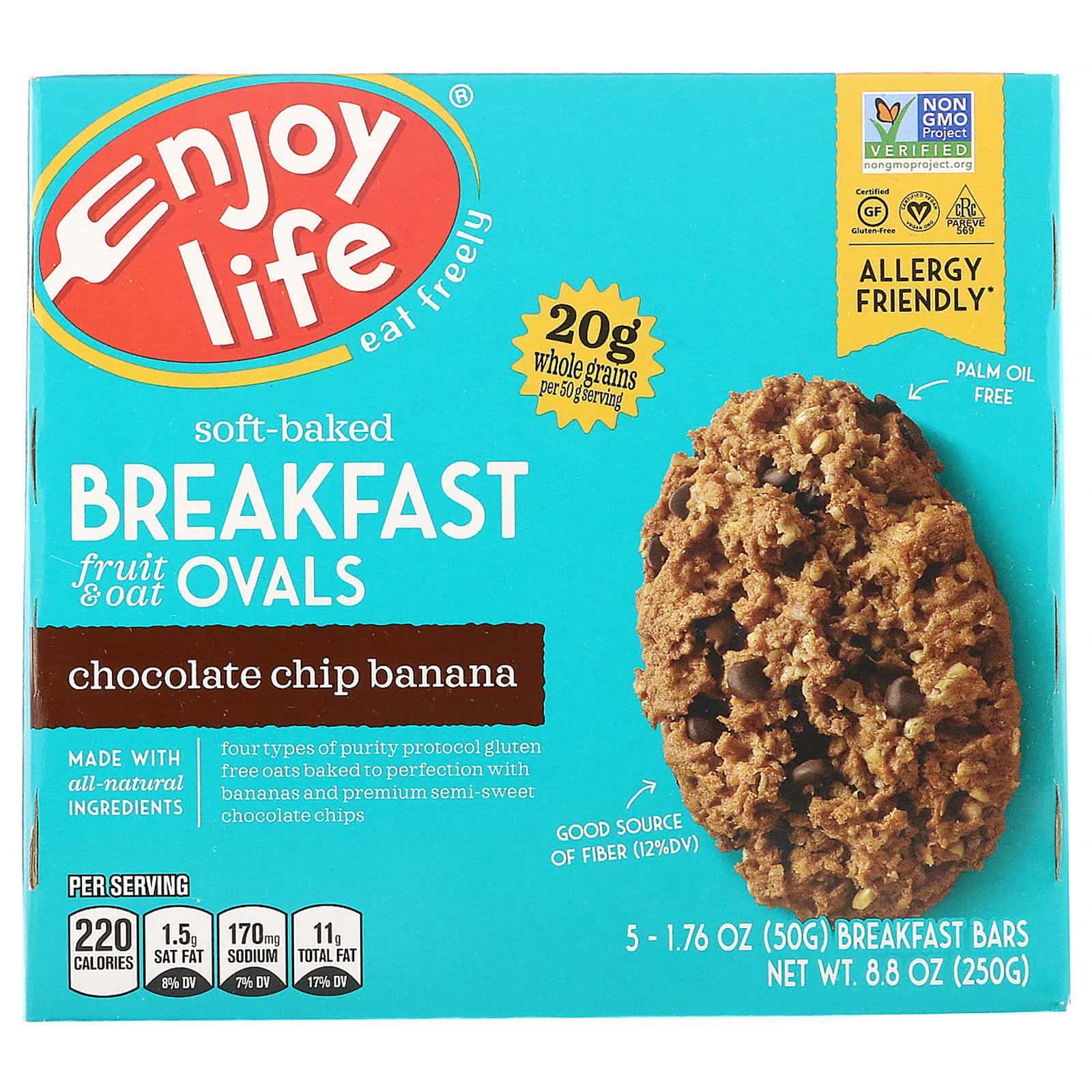 Enjoy Life Foods, Galletas horneadas suaves con avena y frutas para el desayuno, Chispas de chocolate y plátano, 5 barritas, 50 g (1,76 oz) cada una