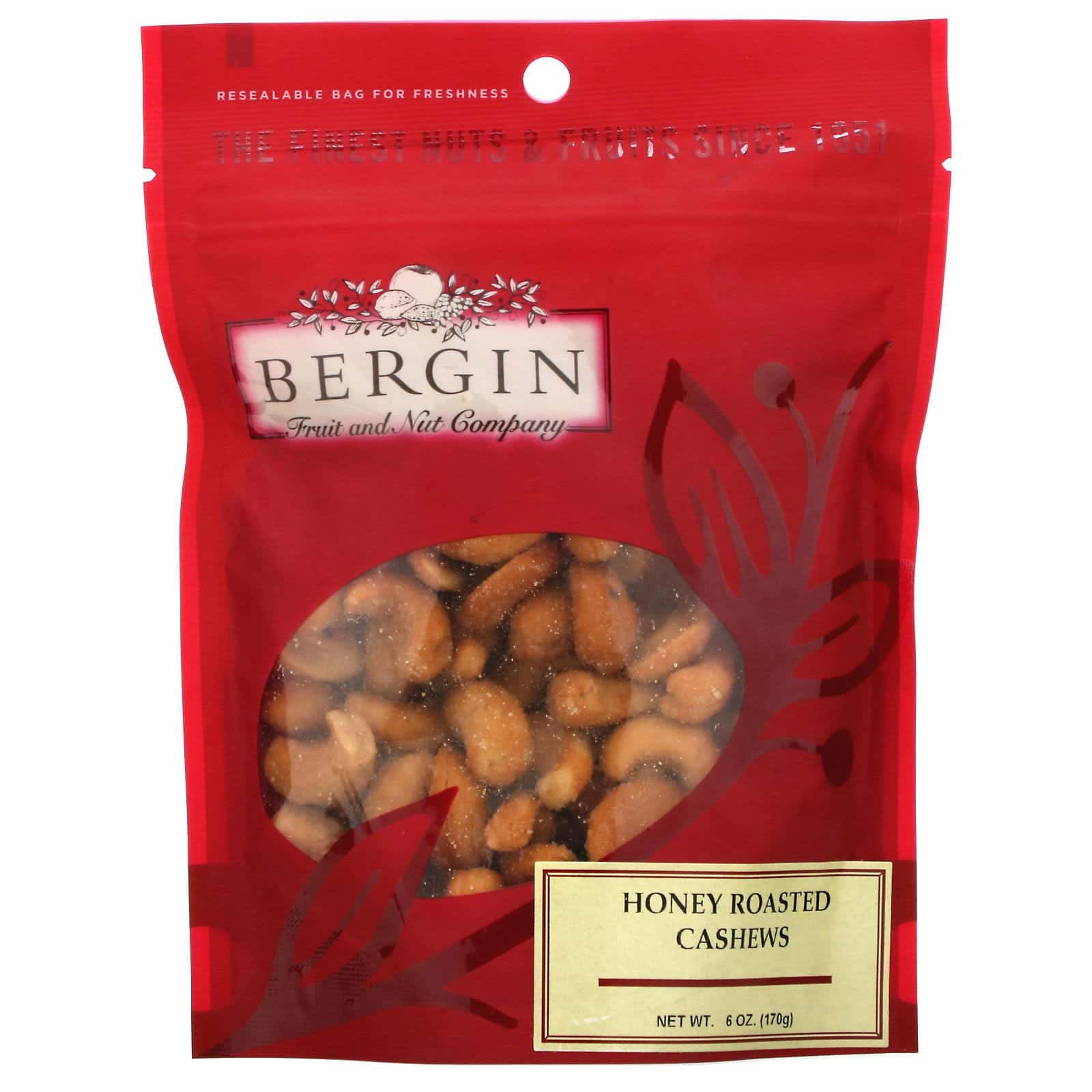 Bergin Fruit and Nut Company, Castañas de cajú tostadas con miel, 170 g (6 oz)