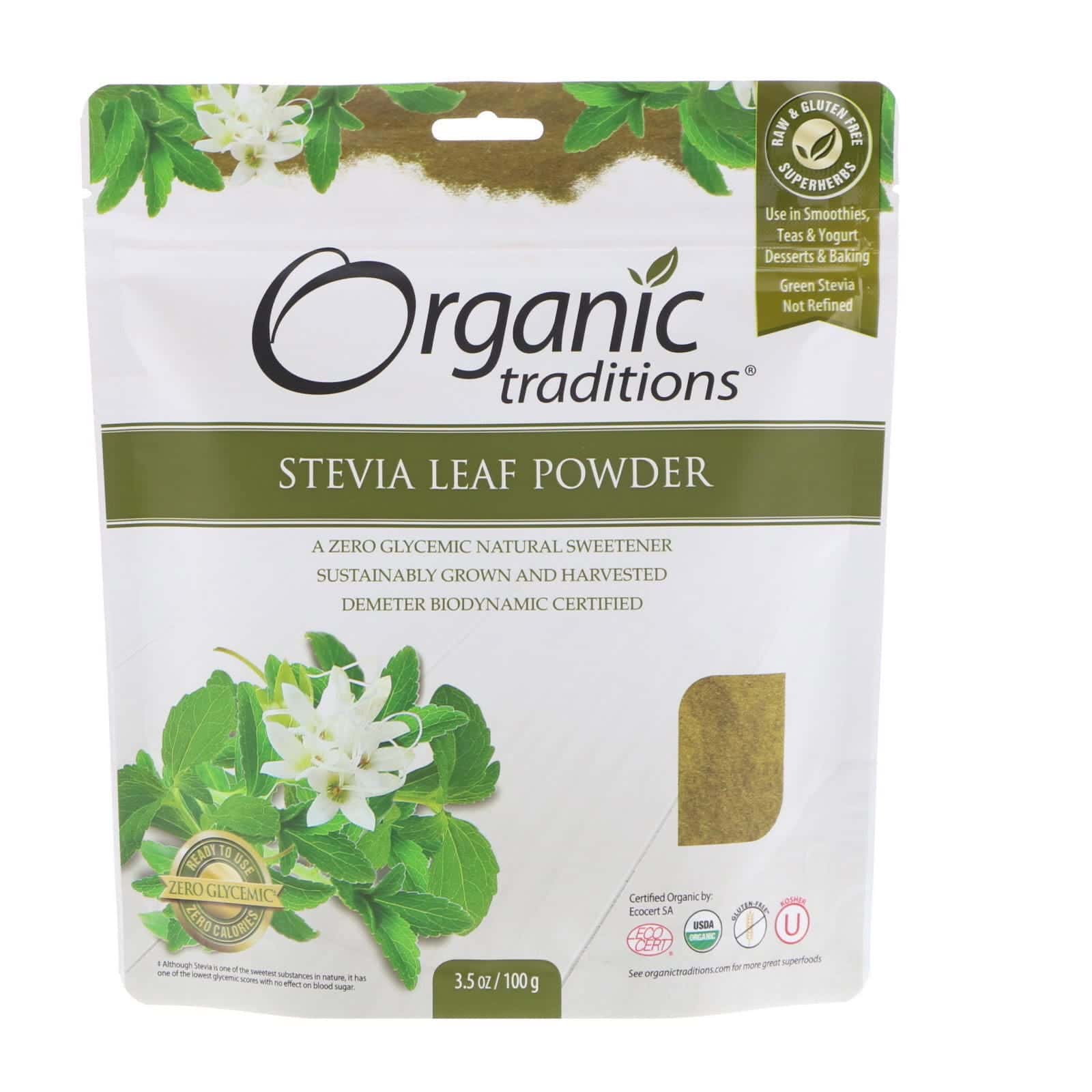 Organic Traditions, Hoja de estevia en polvo, 3,5 oz (100 g)