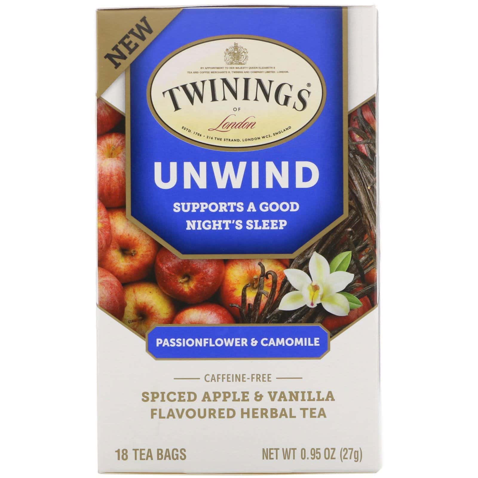 Twinings, Unwind Herbal Tea, Pasionaria y manzanilla, Manzana especiada y vainilla, sin cafeína, 18 saquitos de té, 0.95 oz (27 g)