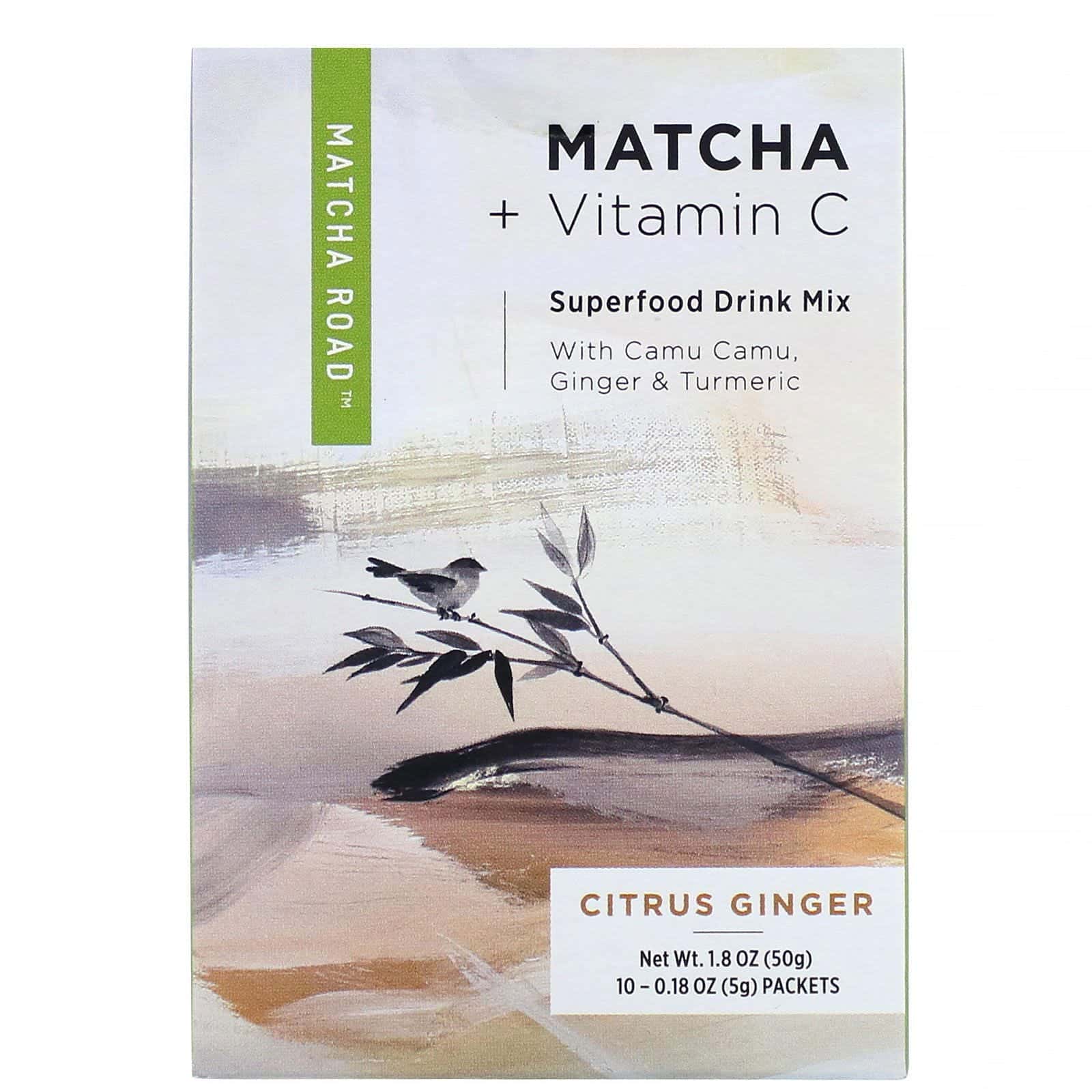 Matcha Road, Matcha más vitamina C, Mezcla para bebida a base de superalimentos, Jengibre cítrico, 10 sobres, 5 g (0,18 oz) cada uno