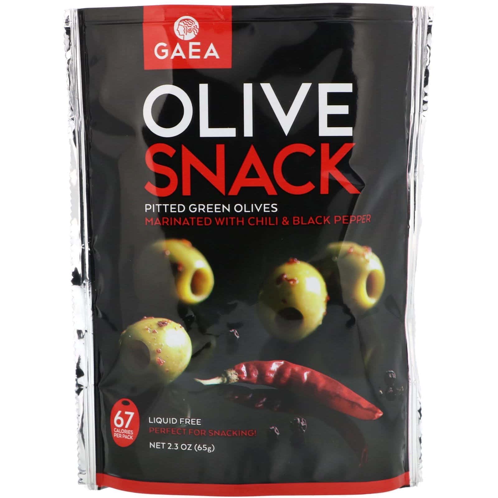 Gaea, Snacks de Aceituna, Aceitunas verdes sin hueso, marinadas con chile & pimienta negra, 2.3 oz (65 g)