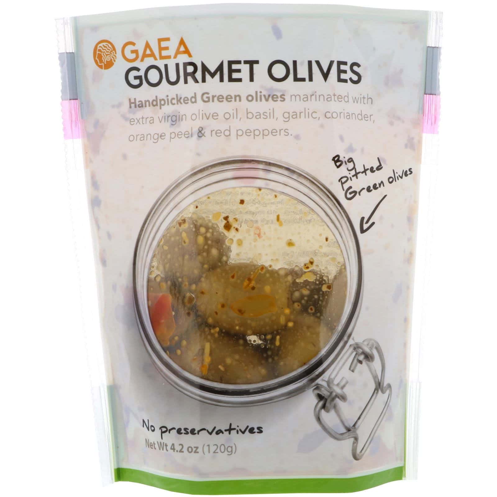 Gaea, Aceitunas gourmet, aceitunas verdes descarozadas y marinadas, 4.2 oz (120 g)