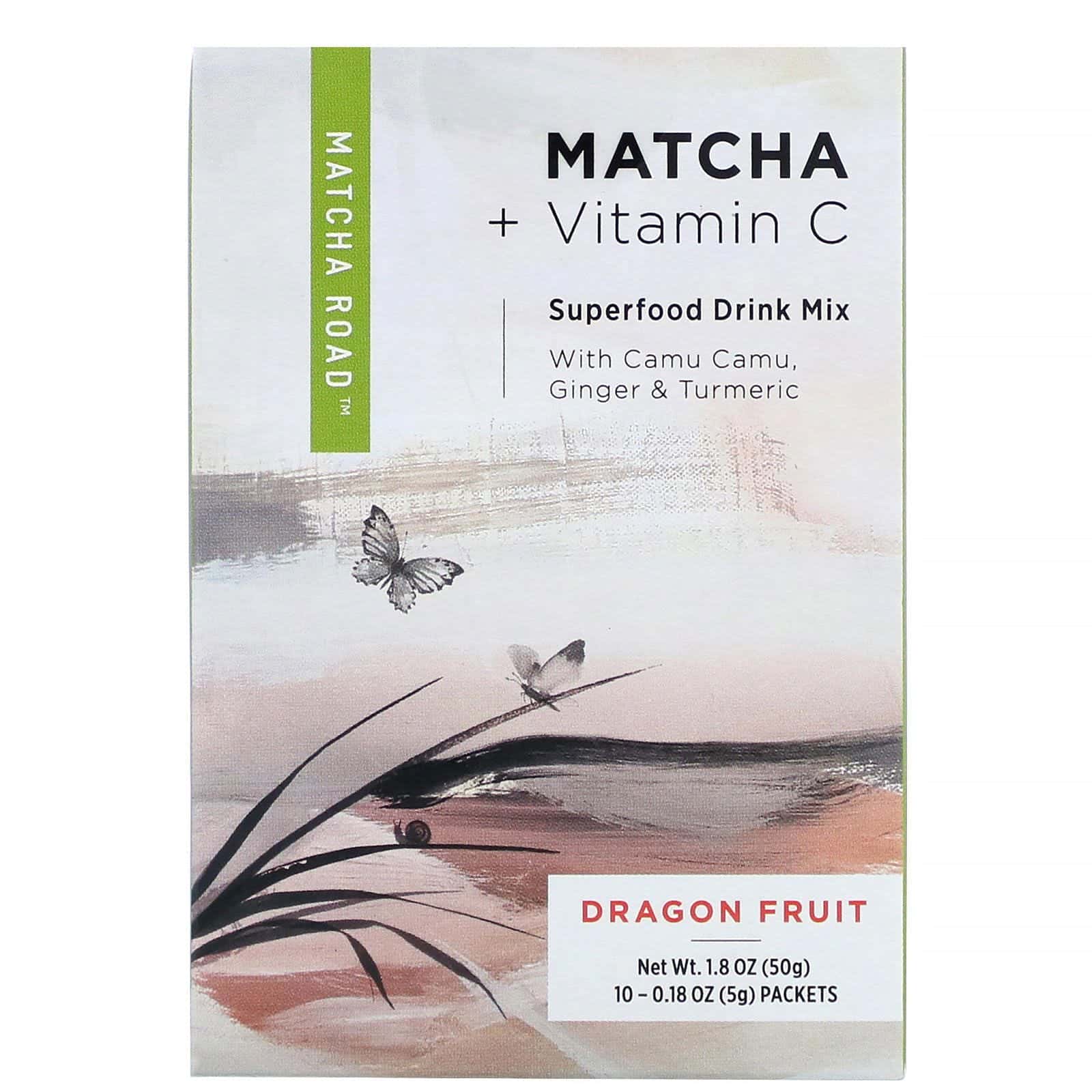 Matcha Road, Matcha más vitamina C, Mezcla para bebida a base de superalimentos, Pitahaya, 10 sobres, 5 g (0,18 oz) cada uno
