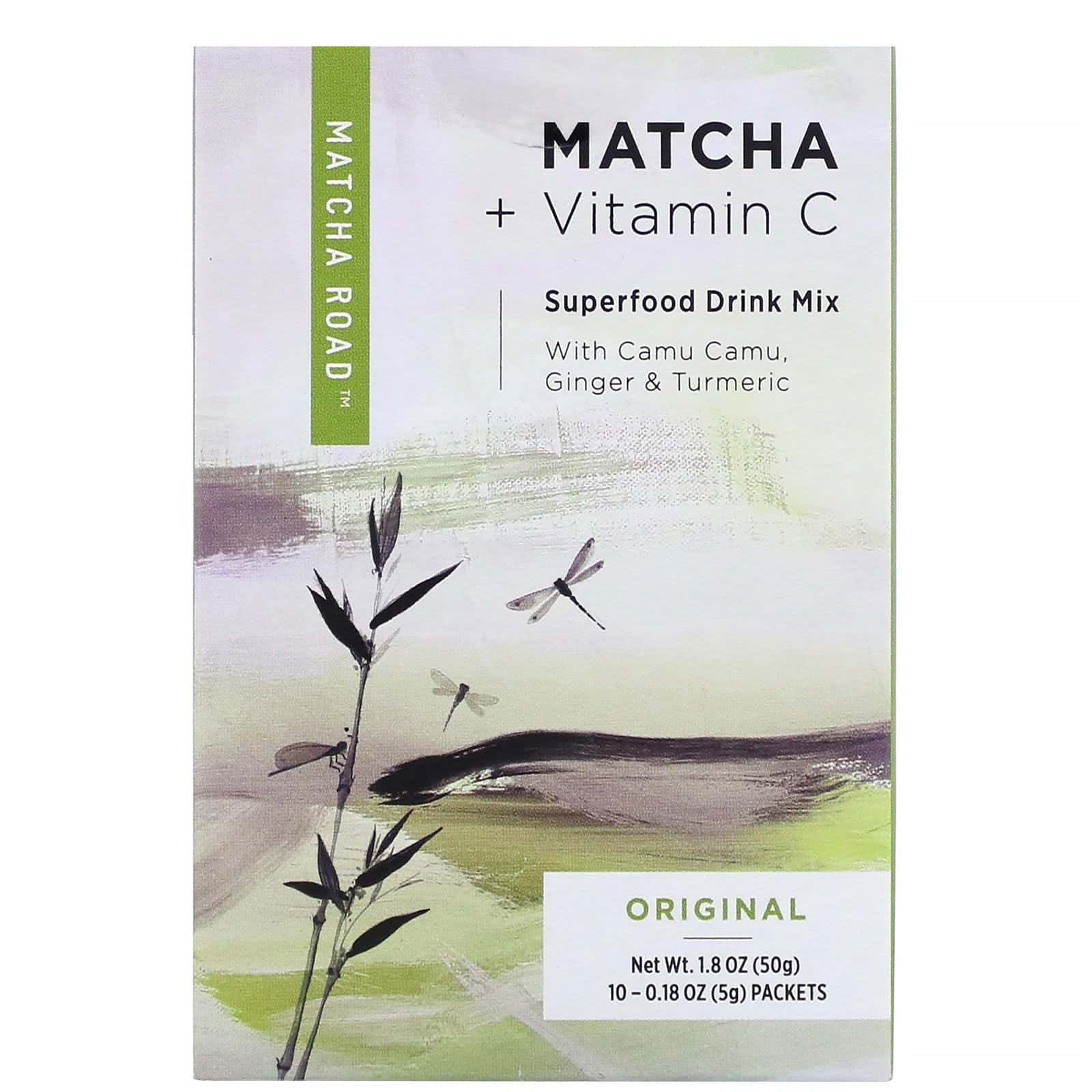Matcha Road, Matcha y vitamina C, Mezcla para bebidas a base de superalimentos, Sabor original, 10 sobres, 5 g (0,18 oz) cada uno