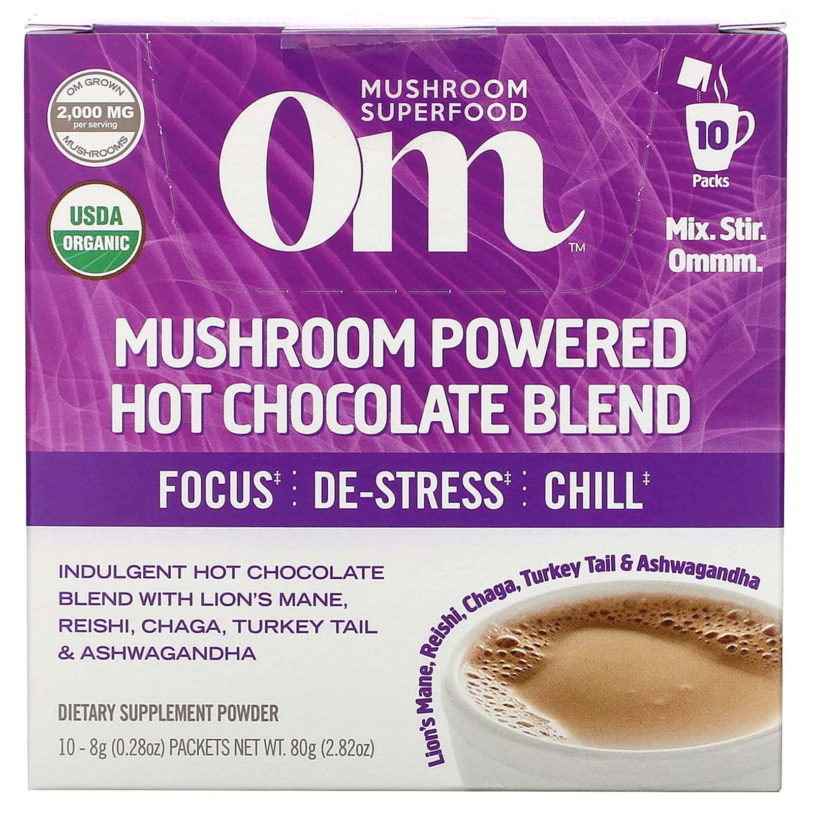 Om Mushrooms, Mushroom Powered Hot Chocolate Blend, 10 Packets, 0.28 oz (8 g) Each