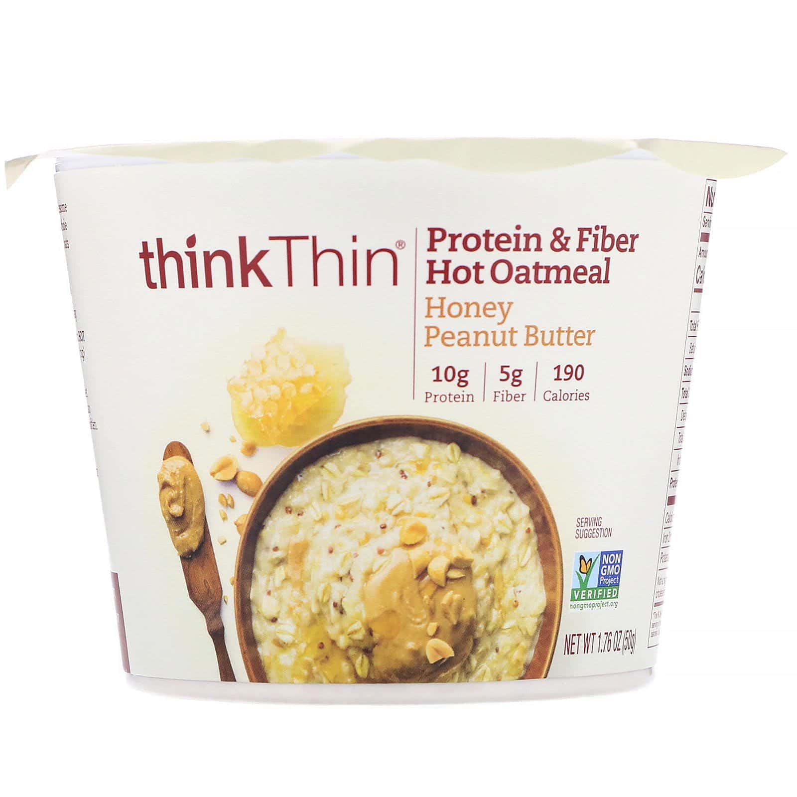ThinkThin, Harina de avena caliente con proteínas y fibra, Mantequilla de maní y miel, 1,76 oz. (50 g)