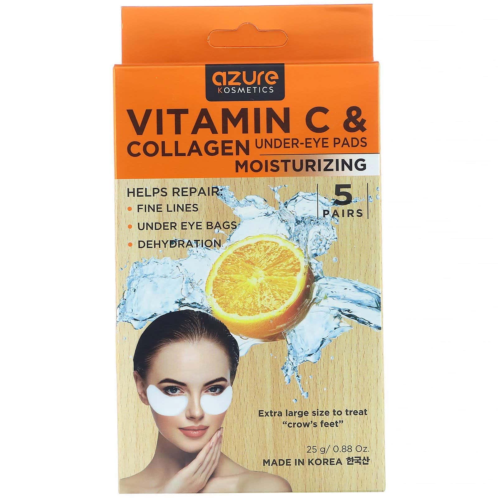 Azure Kosmetics, Vitamina C y colágeno, Almohadillas para la zona debajo de los ojos, Humectantes, 5 pares