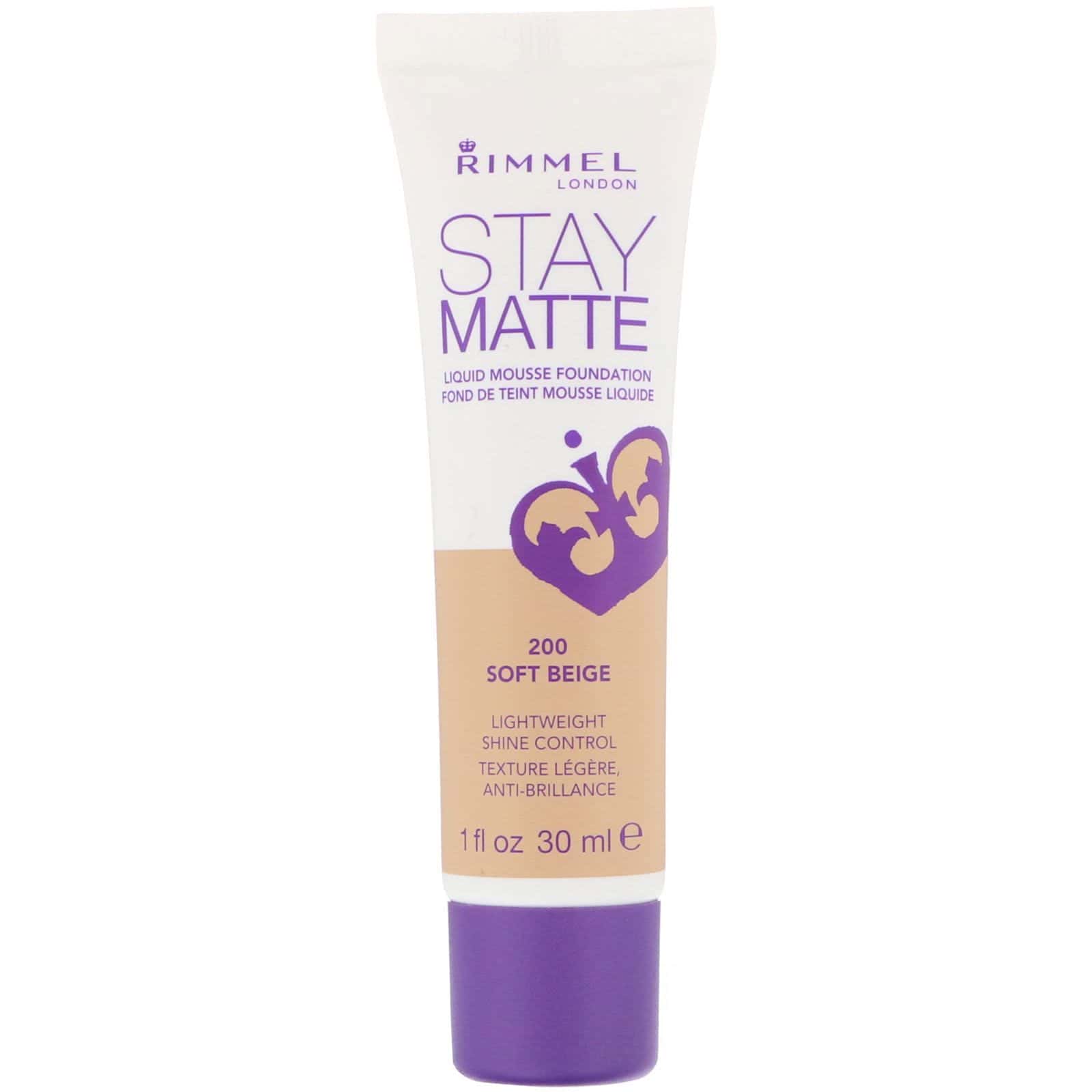Rimmel London, Base en mousse líquida Stay Matte, 200 Beige suave, 30 ml (1 oz. líq.)