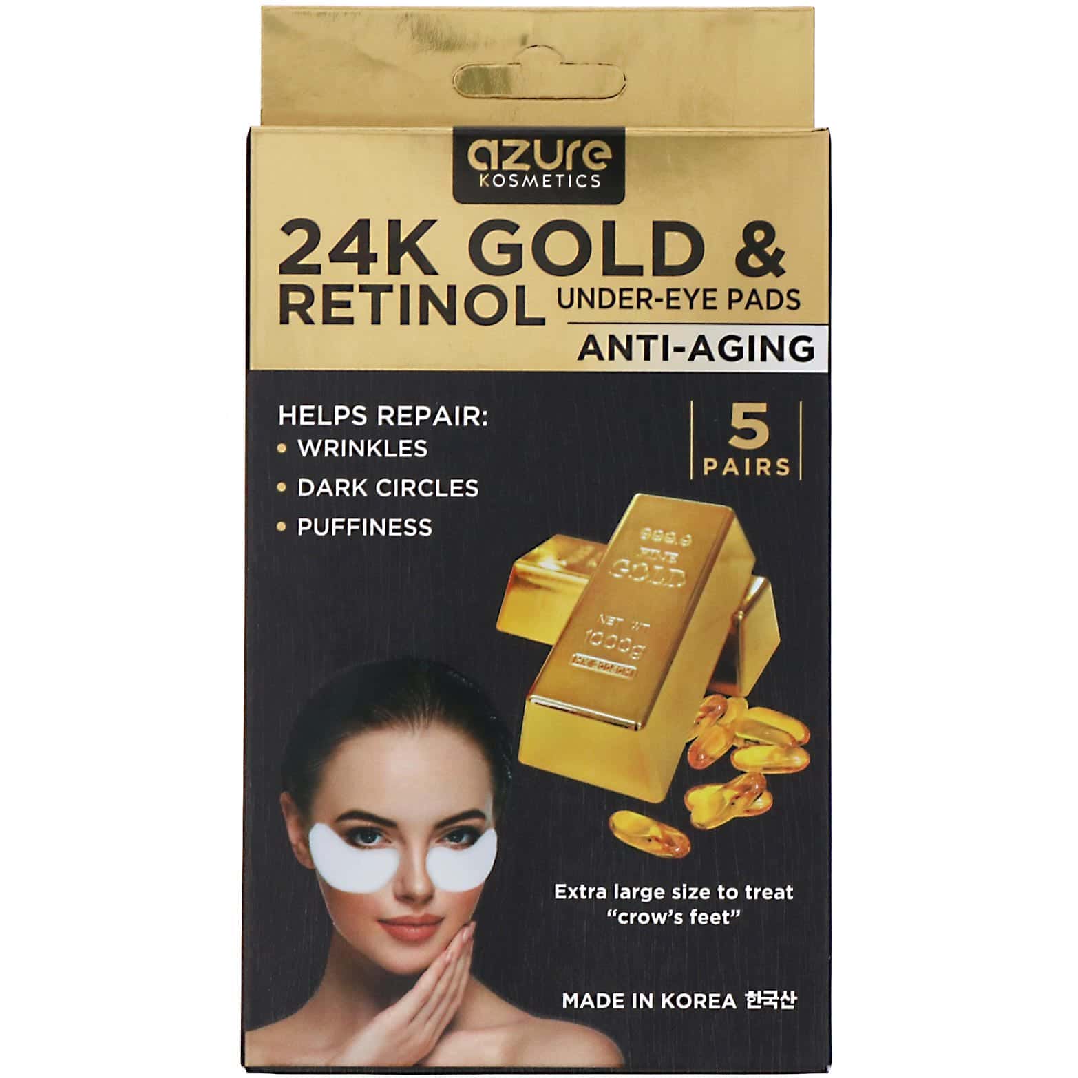Azure Kosmetics, Oro 24K y retinol, Almohadillas para la zona debajo de los ojos, Antienvejecimiento, 5 pares
