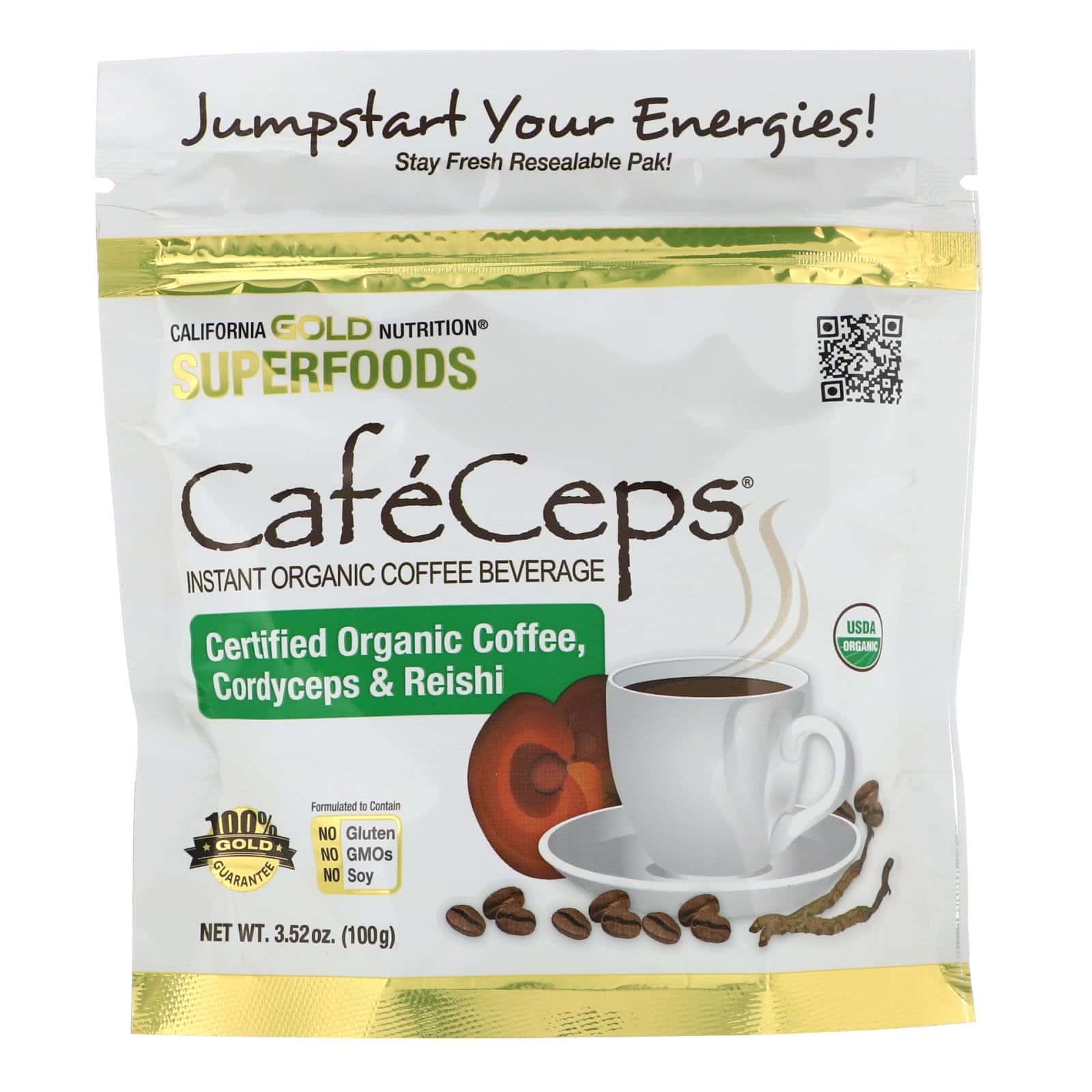 California Gold Nutrition, CaféCeps, Café instantáneo orgánico certificado con polvo de hongos Cordyceps y Reishi, 100 g (3,52 oz)