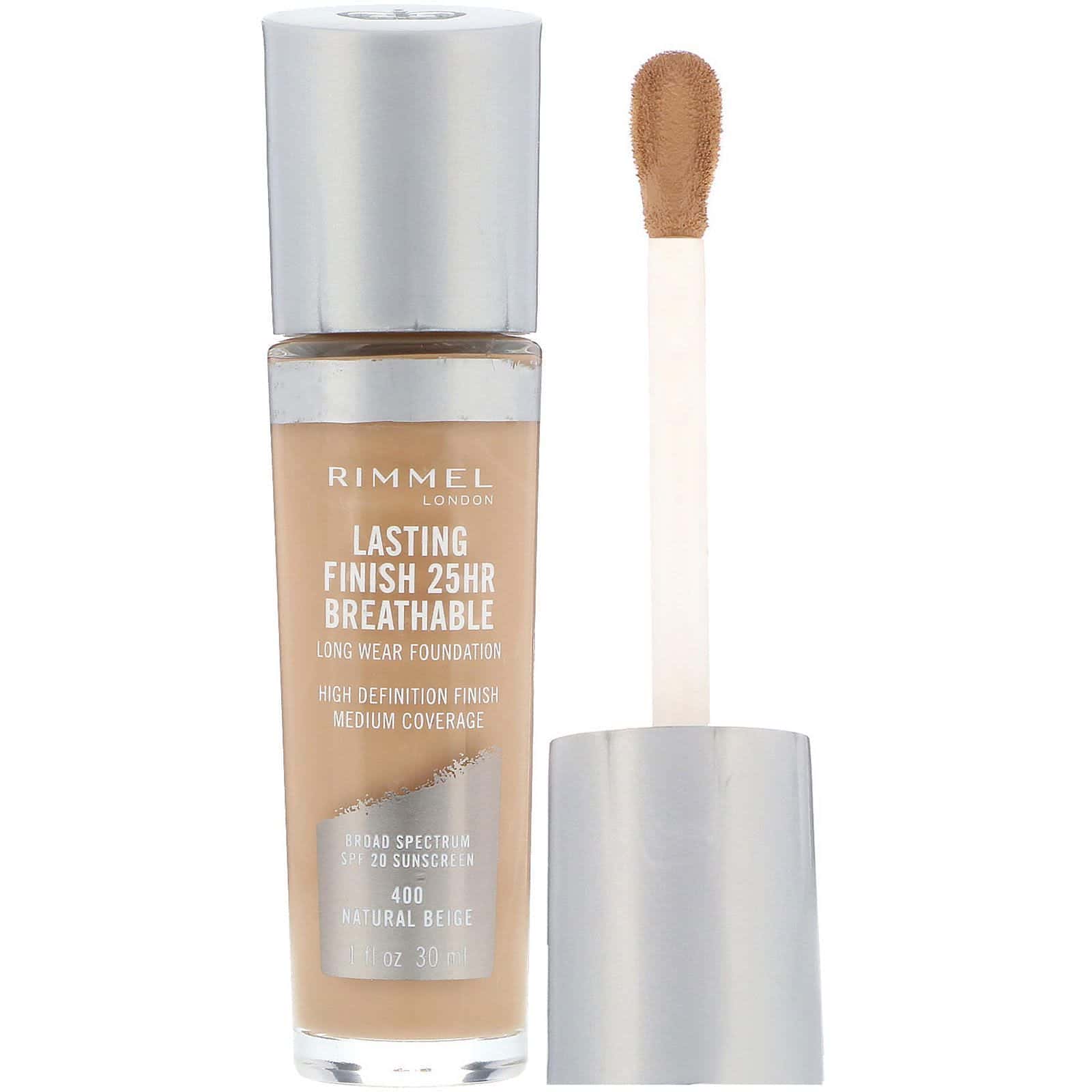 Rimmel London, Base transpirable de larga duración y acabado perdurable Lasting Finish 25HR, FPS 20, 400 Beige natural, 30 ml (1 oz. líq.)