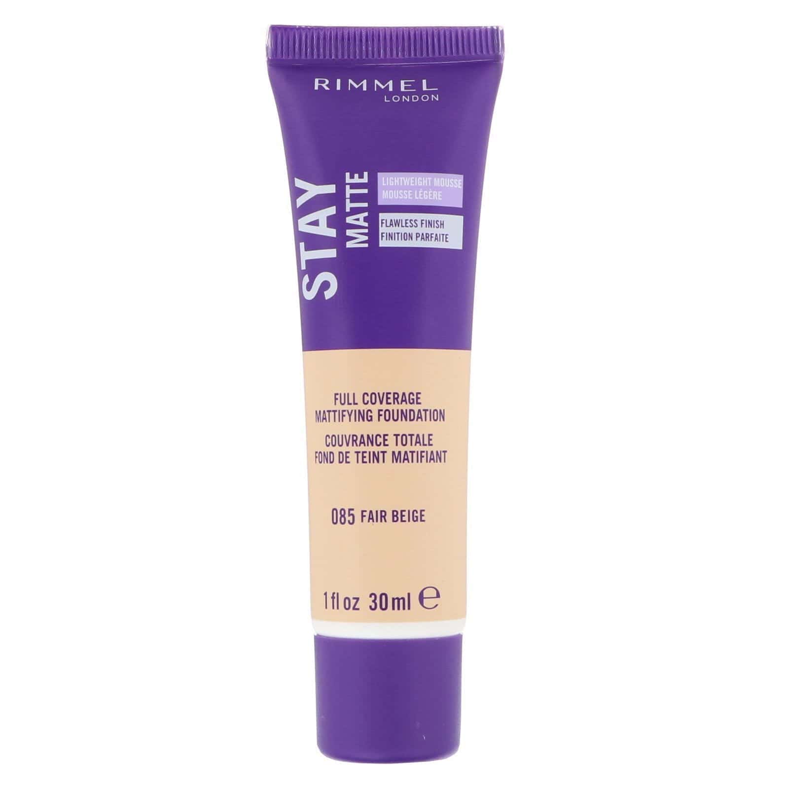 Rimmel London, Base matificante de cobertura total Stay Matte, 085 Beige claro, 30 ml (1 oz. líq.)
