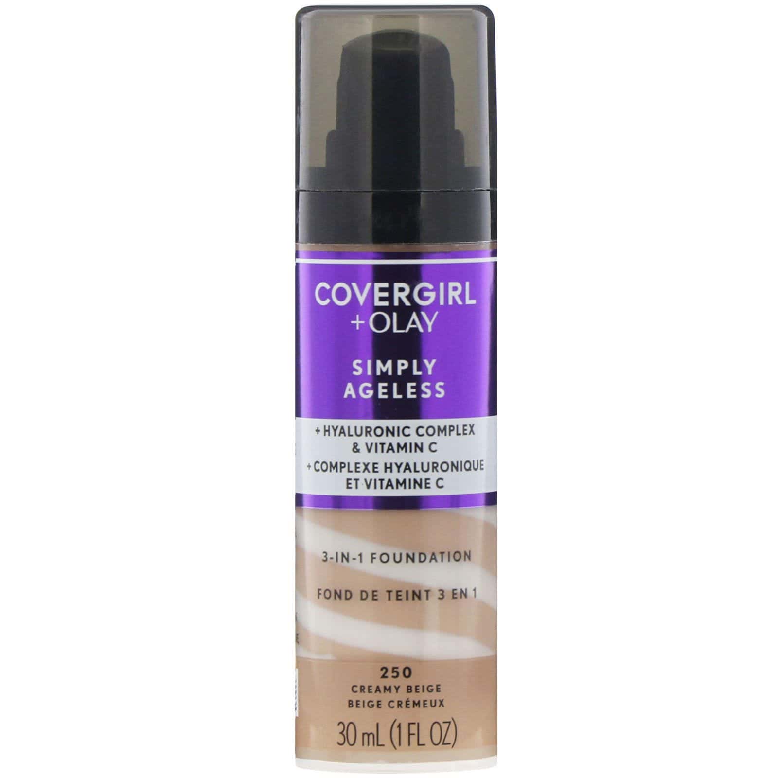 Covergirl, Olay, Simply Ageless, Base 3 en 1, 250 Beige cremoso, 30 ml (1 oz. líq.)