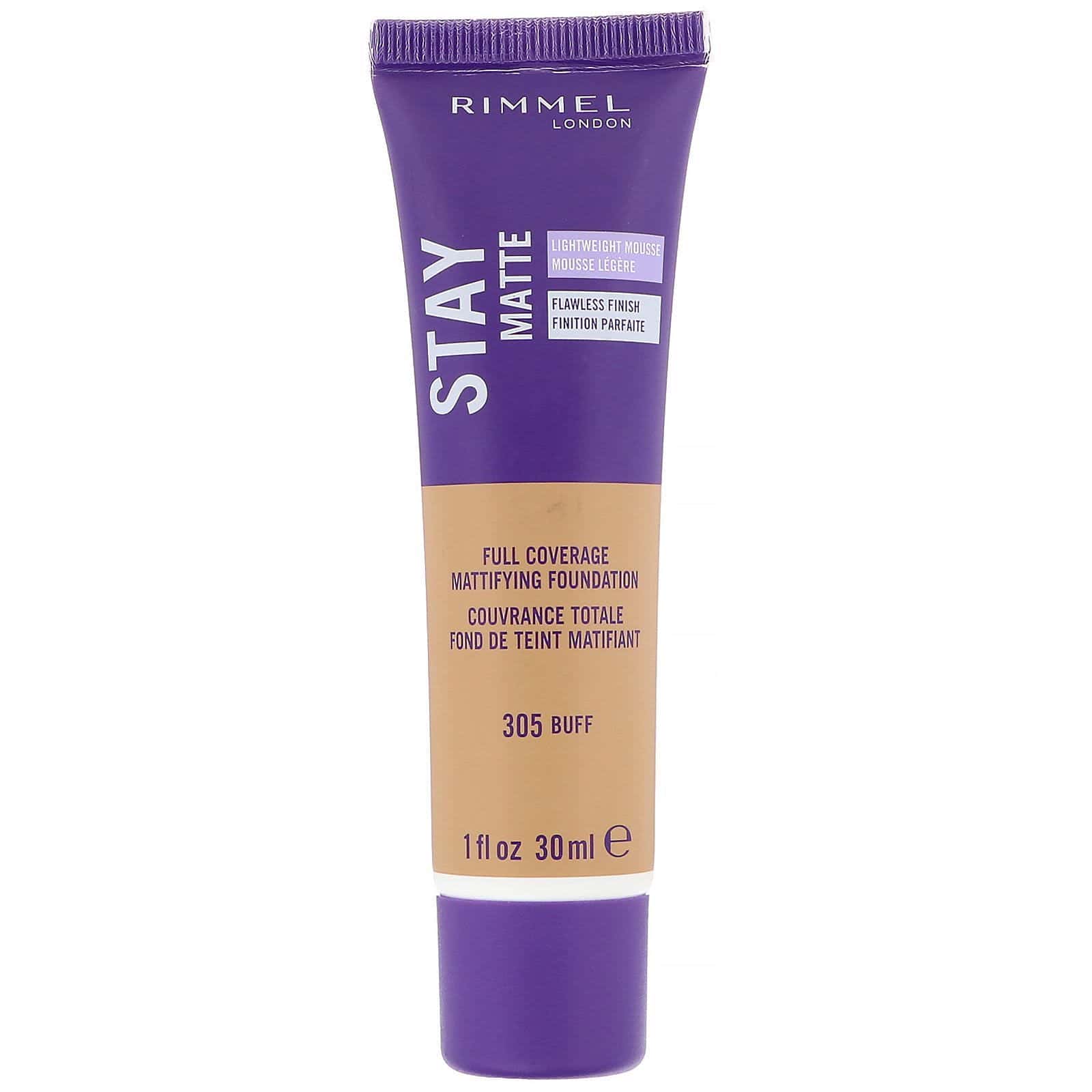 Rimmel London, Base matificante de cobertura total Stay Matte, 305 Beige buff, 30 ml (1 oz. líq.)
