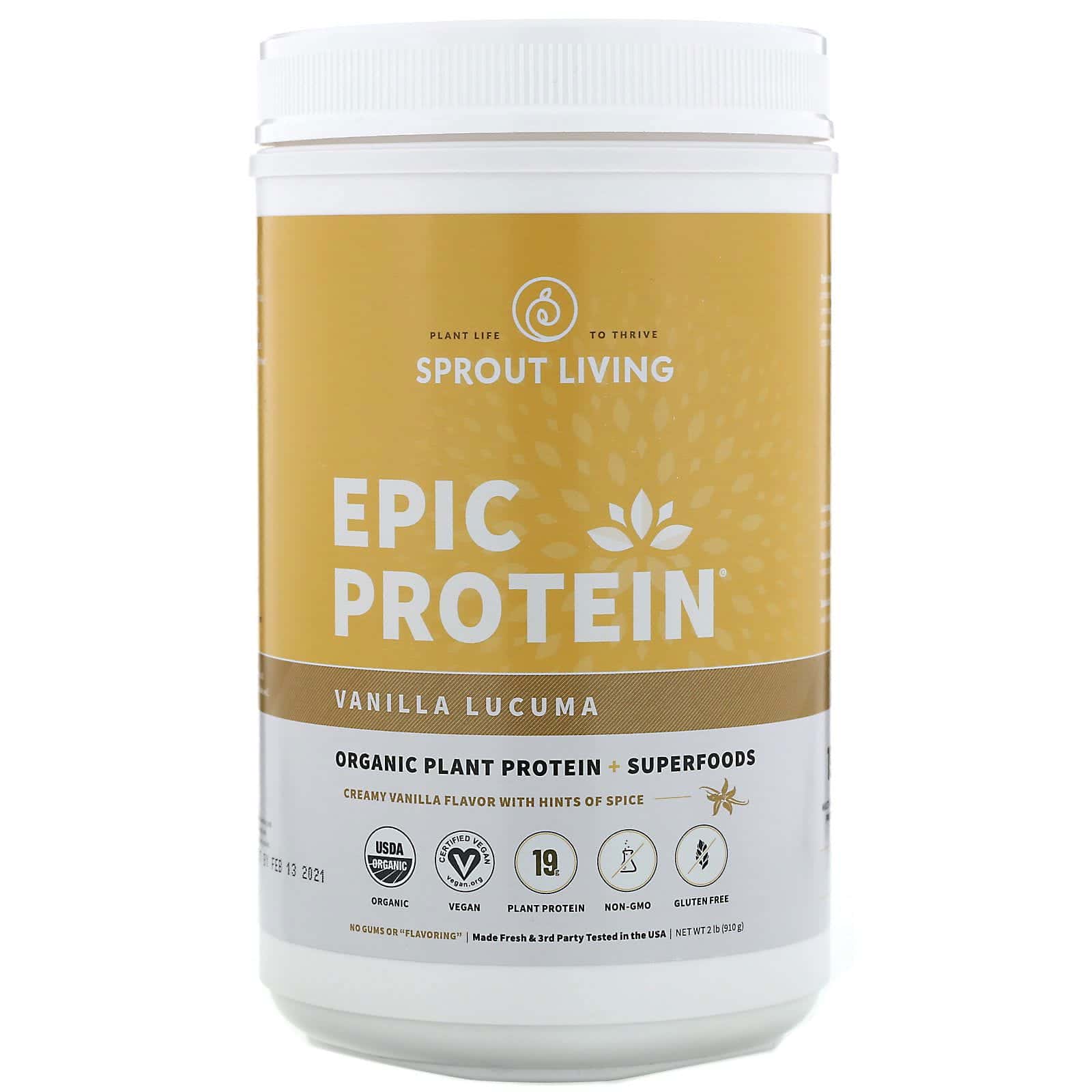 Sprout Living, Epic Protein, Proteína vegetal orgánica y superalimentos, Vainilla y lúcuma, 910 g (2 lb)