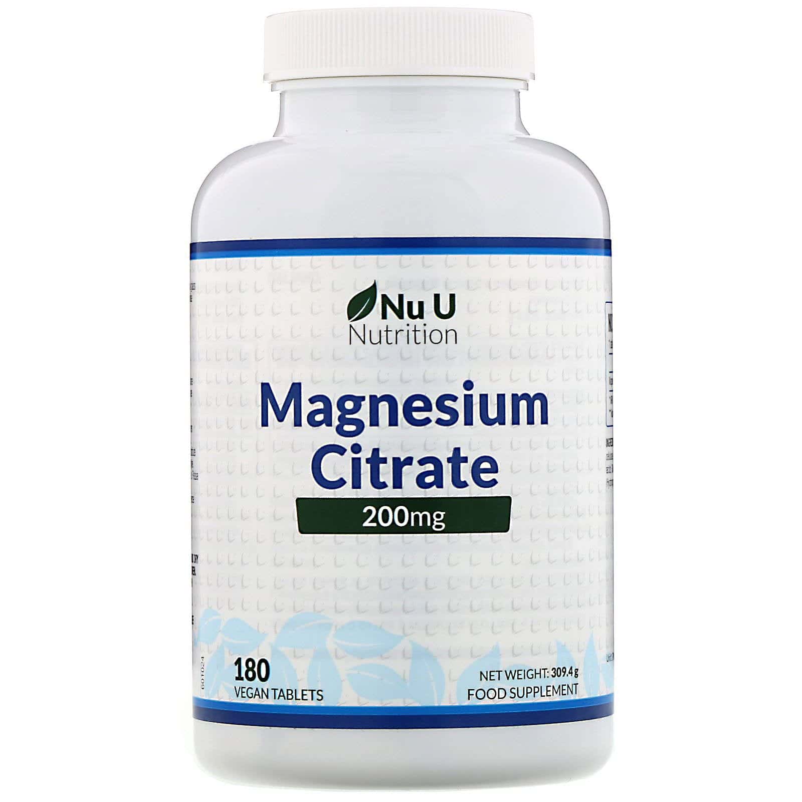 Nu U Nutrition, Citrato de magnesio, 200 mg, 180 comprimidos veganos
