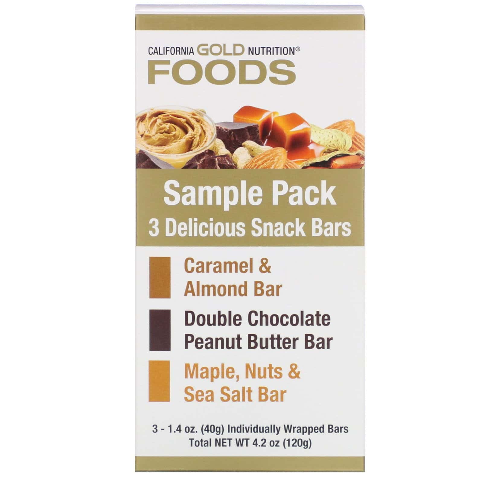 California Gold Nutrition, Foods, Paquete de barritas de degustación, 3 barritas, 40 g (1,4 oz) cada uno