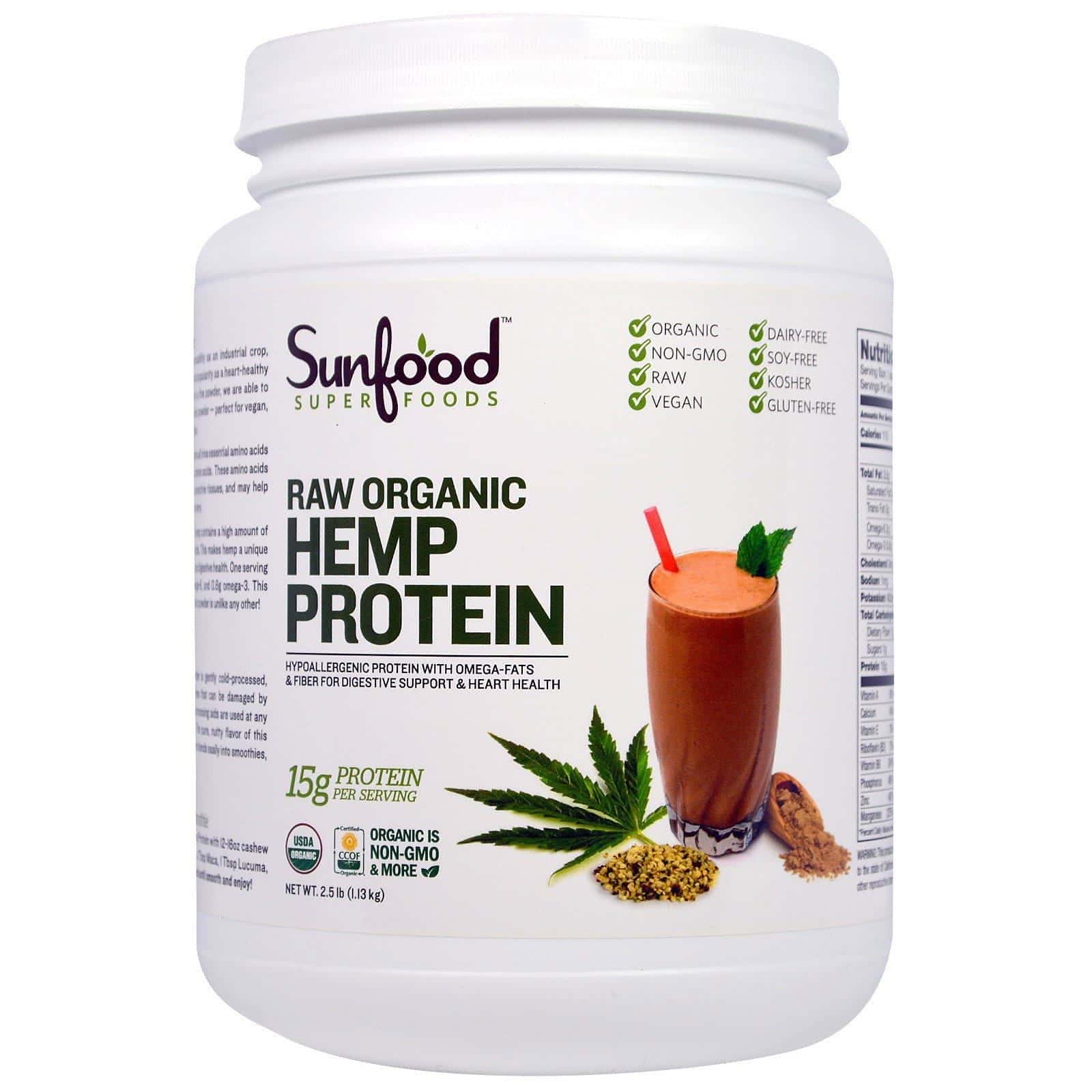 Sunfood, Proteína en polvo de cáñamo orgánico crudo, 2,5 lb (1,13 kg)