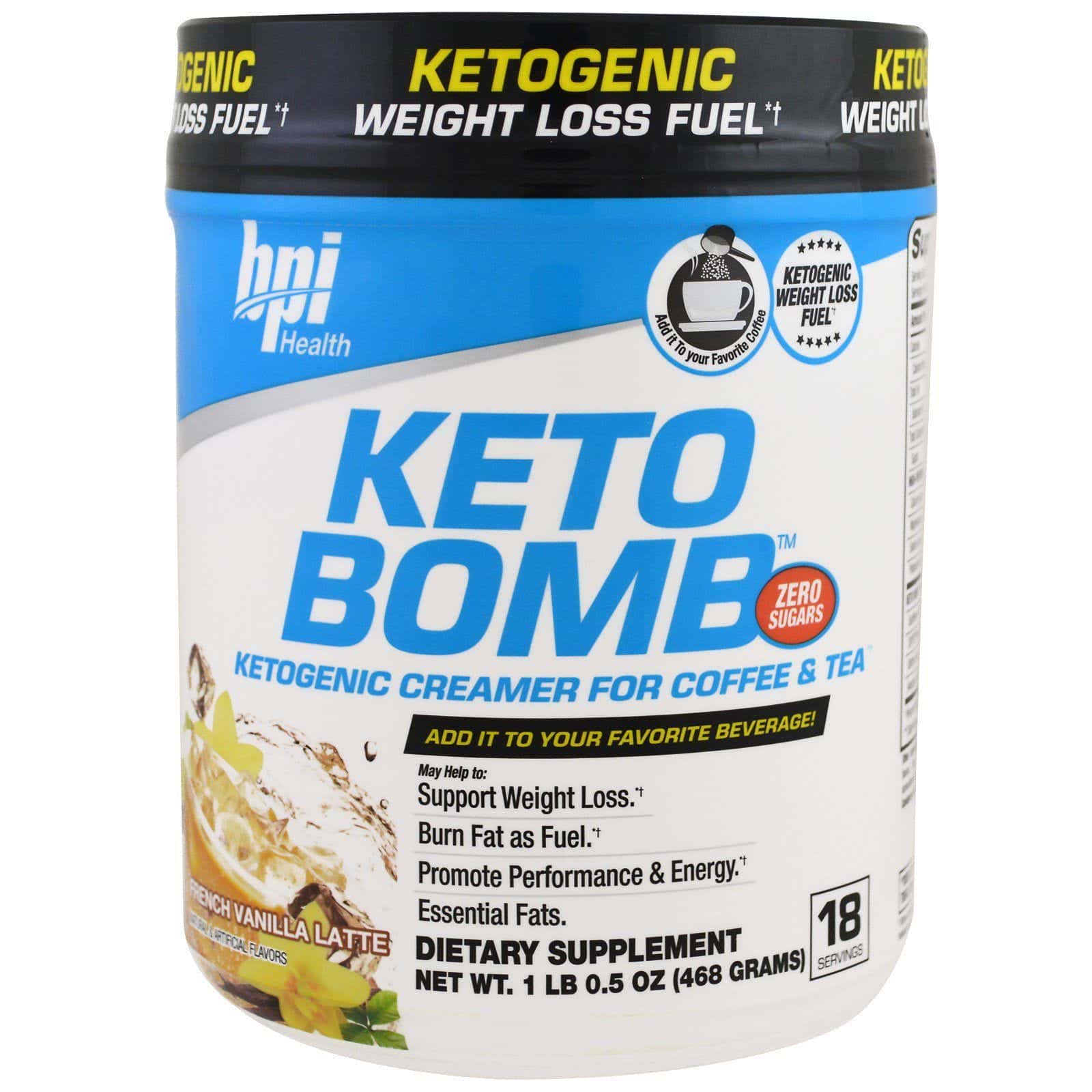 BPI Sports, Keto Bomb, Leche en polvo cetogénica para café y té, Latte de vainilla francés, 468 g (1 lb 0,5 oz)