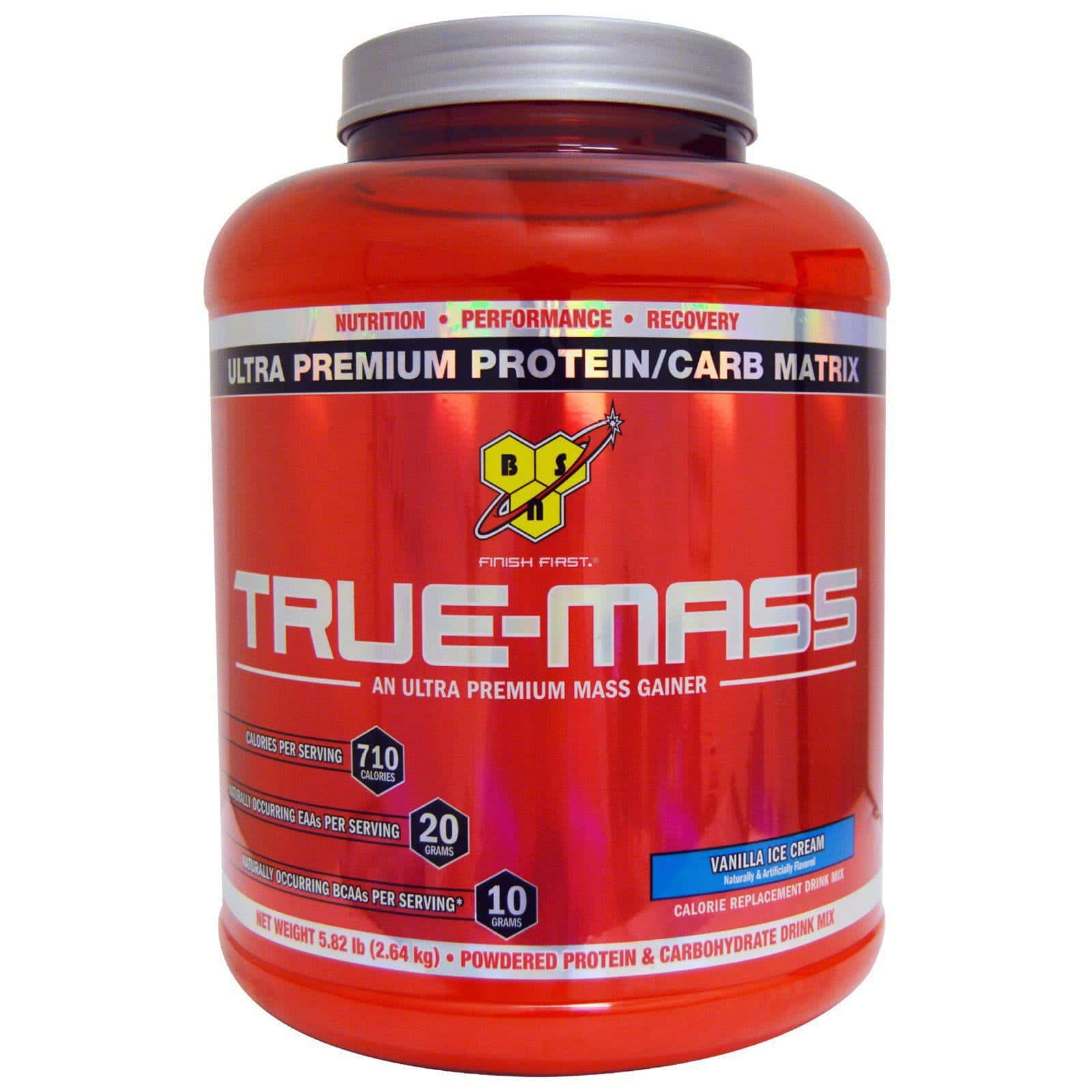 BSN, Mezcla de bebida proteína en polvo y carbohidratos, Termina Primero, Masa verdadera, helado de vainilla, 5,82 libras (2,64 kg),