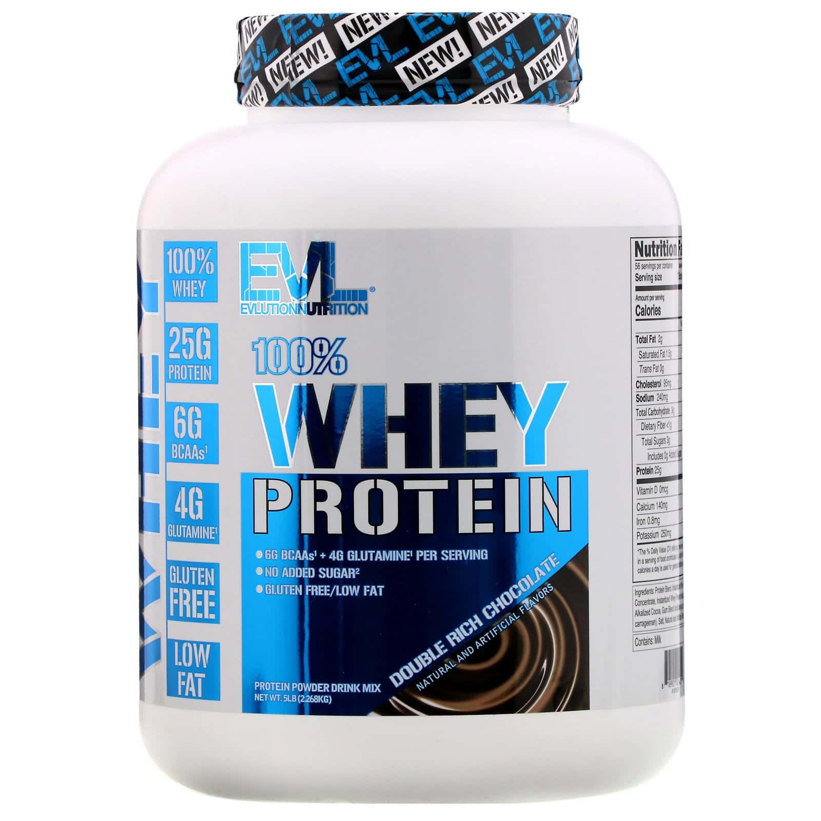 EVLution Nutrition, 100 % Whey, Proteína de suero de leche, Chocolate doble, 2,268 kg (5 lb)