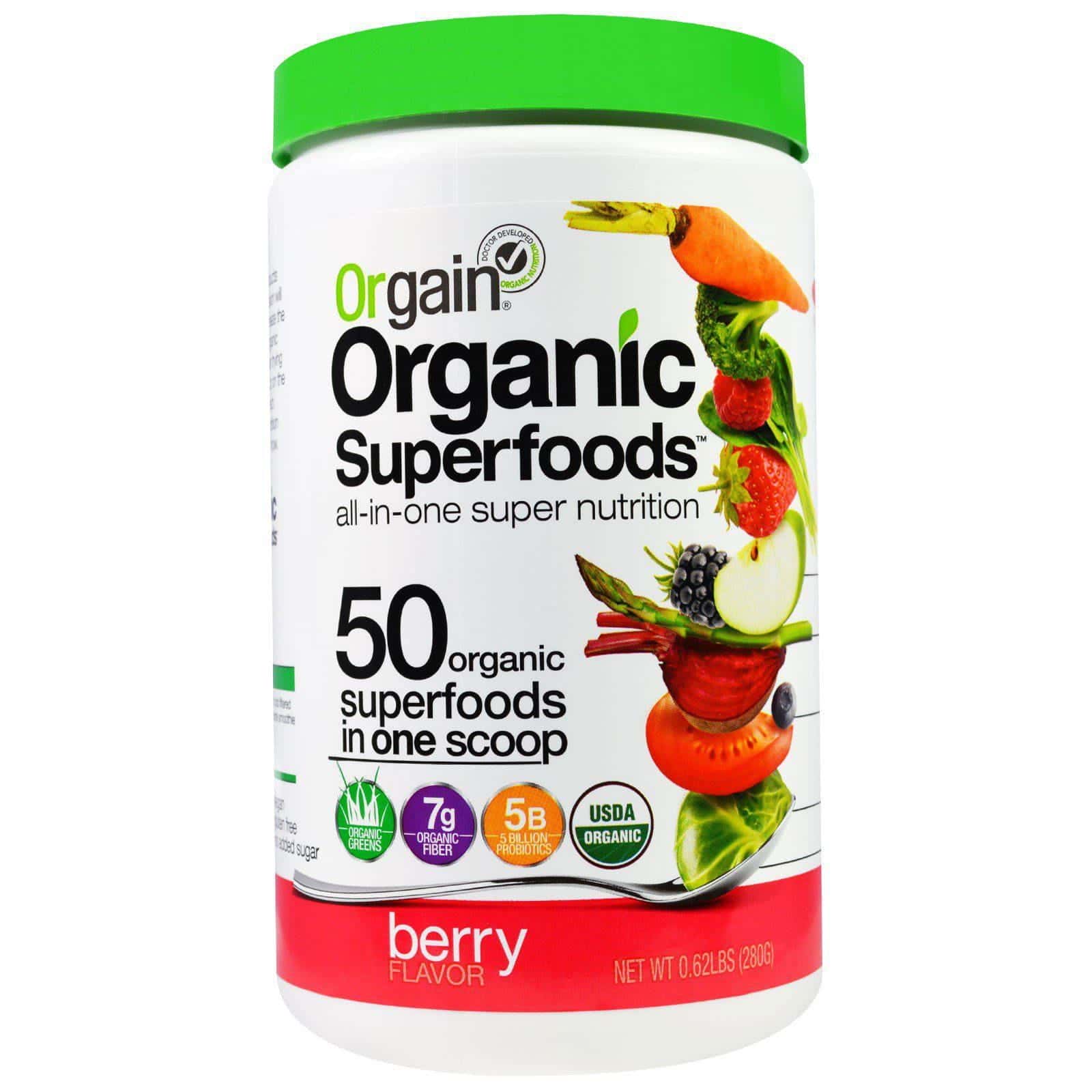 Orgain, Supercomidas Orgánicas, Nutrición Todo-En-Uno, Sabor a Bayas, 0,62 lbs (280 g)