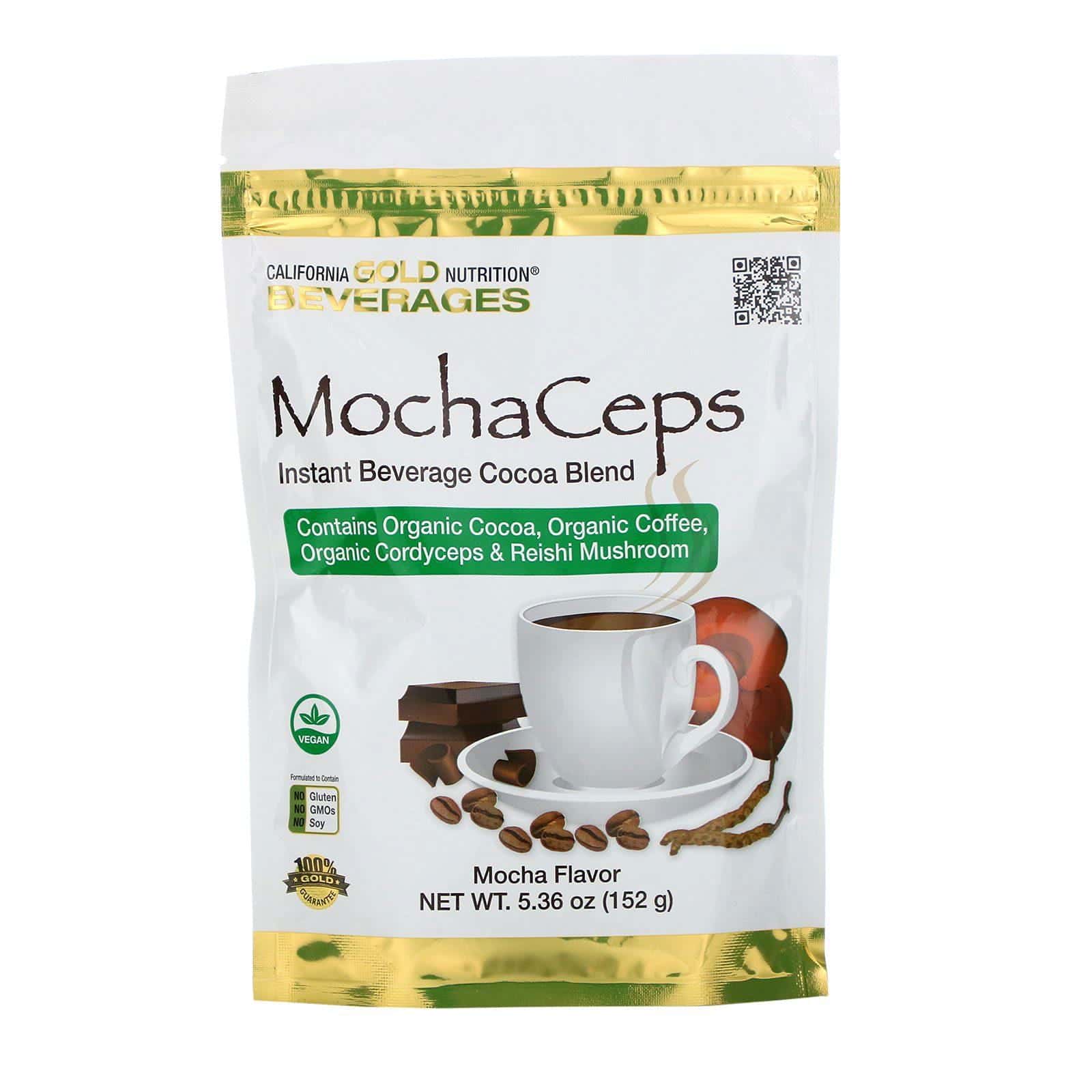 California Gold Nutrition, MochaCeps, Bebida instantánea con sabor a moca y con cacao, café y hongos Cordyceps y reishi orgánicos, 152 g (5,36 oz)