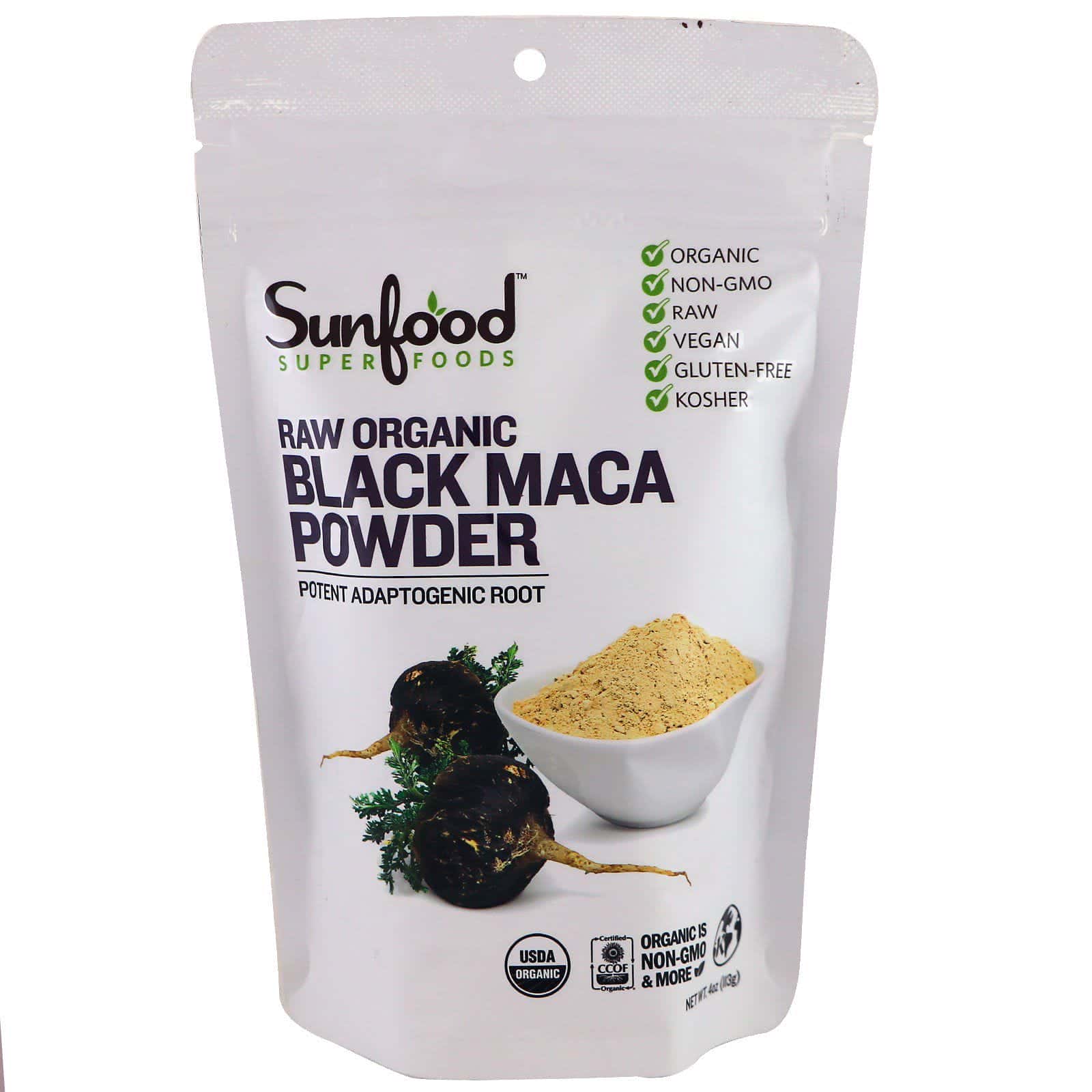 Sunfood, Maca negra cruda y orgánica en polvo, 113 g (4 oz)
